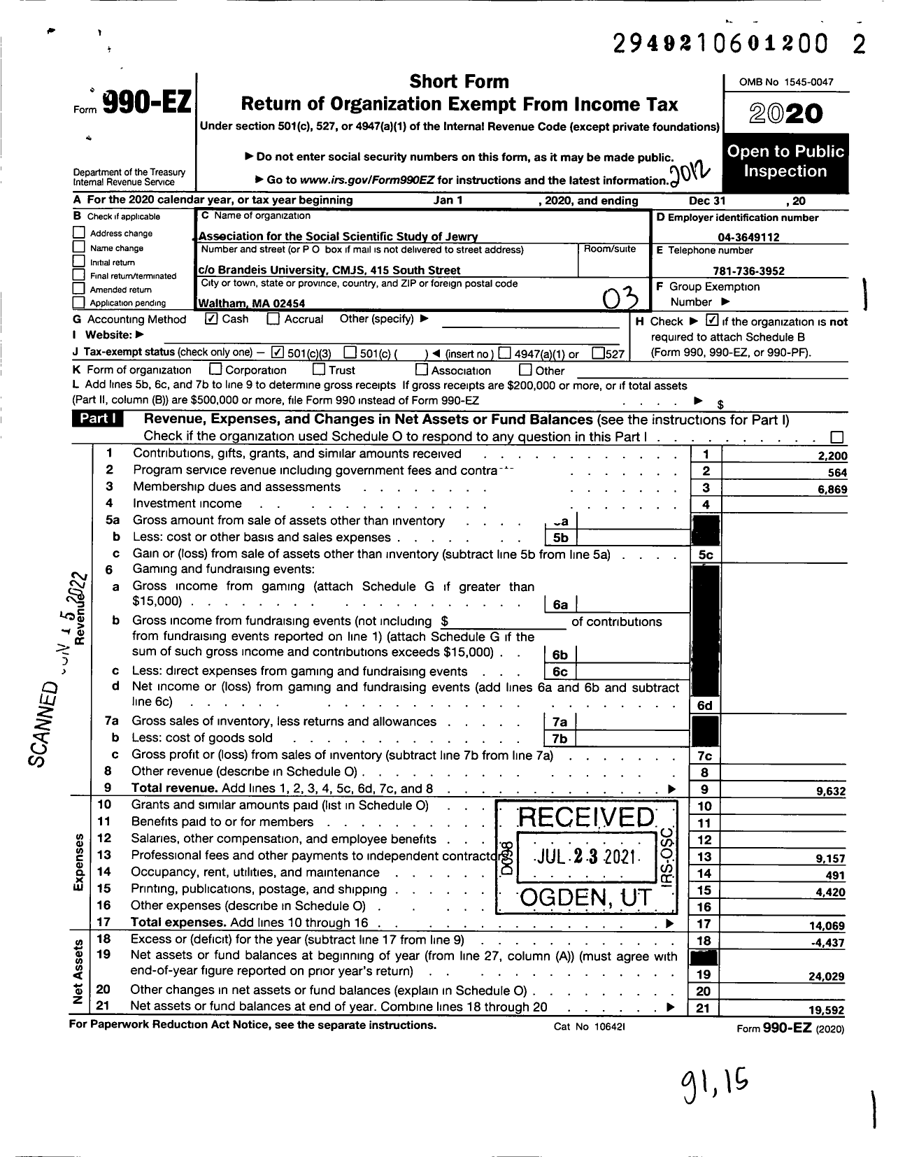 Image of first page of 2020 Form 990EZ for Association for the Social Scientific Study of Jewry