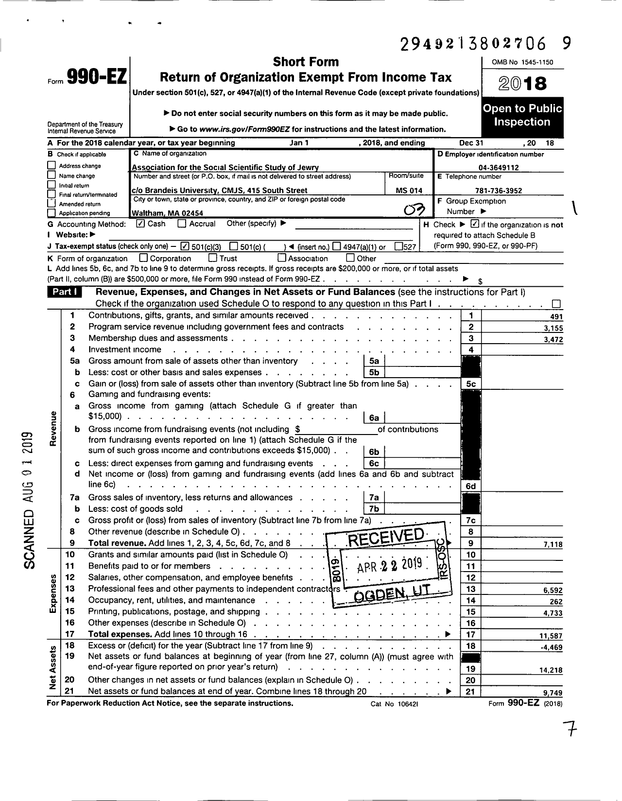 Image of first page of 2018 Form 990EZ for Association for the Social Scientific Study of Jewry