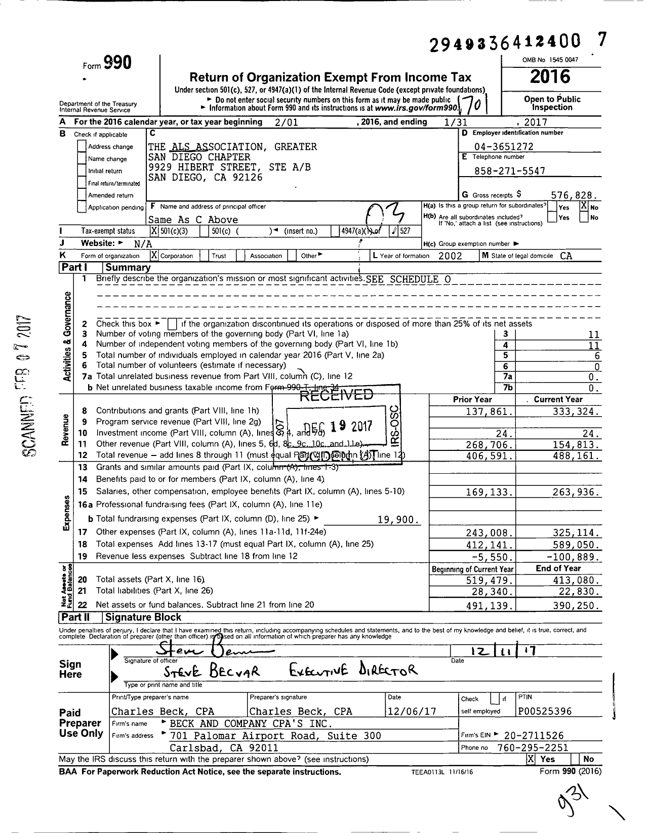 Image of first page of 2016 Form 990 for The Als Association Greater San Diego Chapter