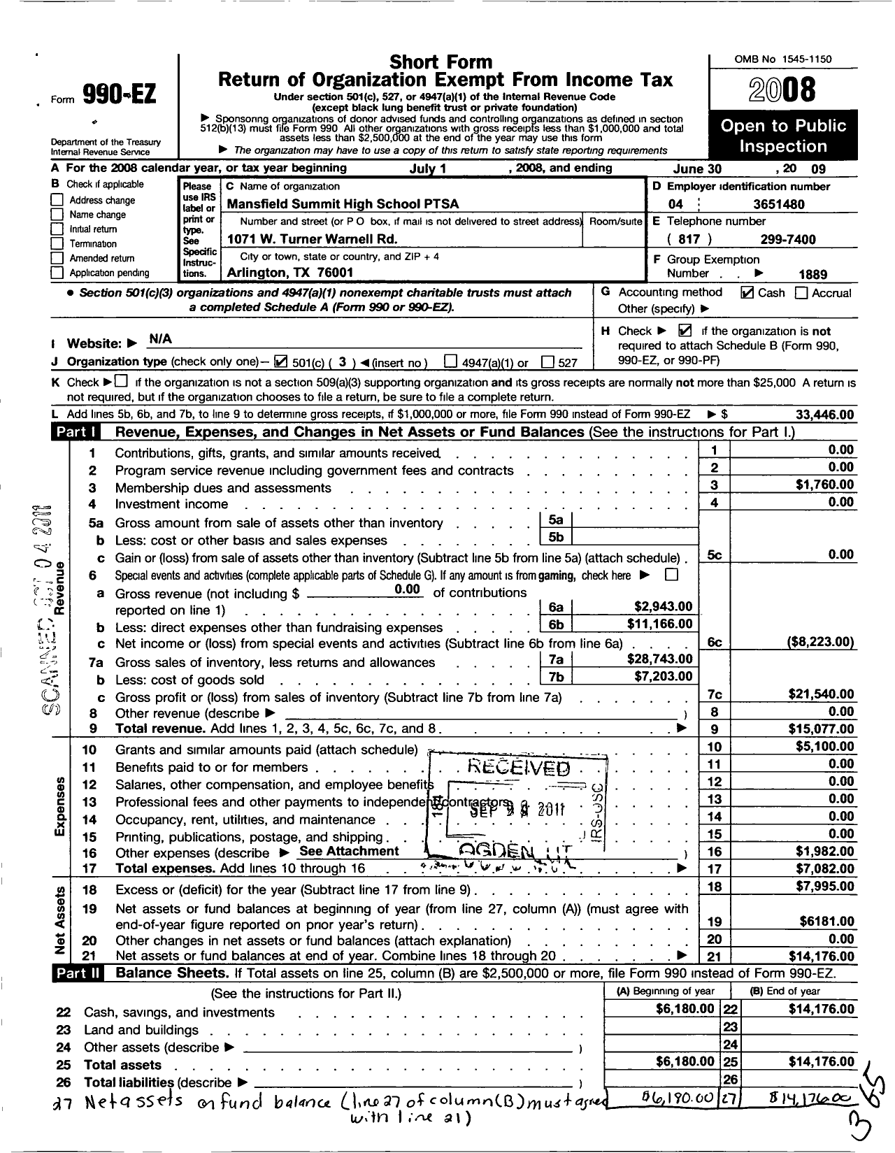 Image of first page of 2008 Form 990EZ for Texas PTA - Mansfield Summit High School