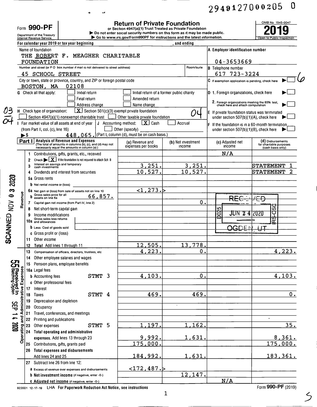 Image of first page of 2019 Form 990PF for Robert F. Meagher Charitable Foundation