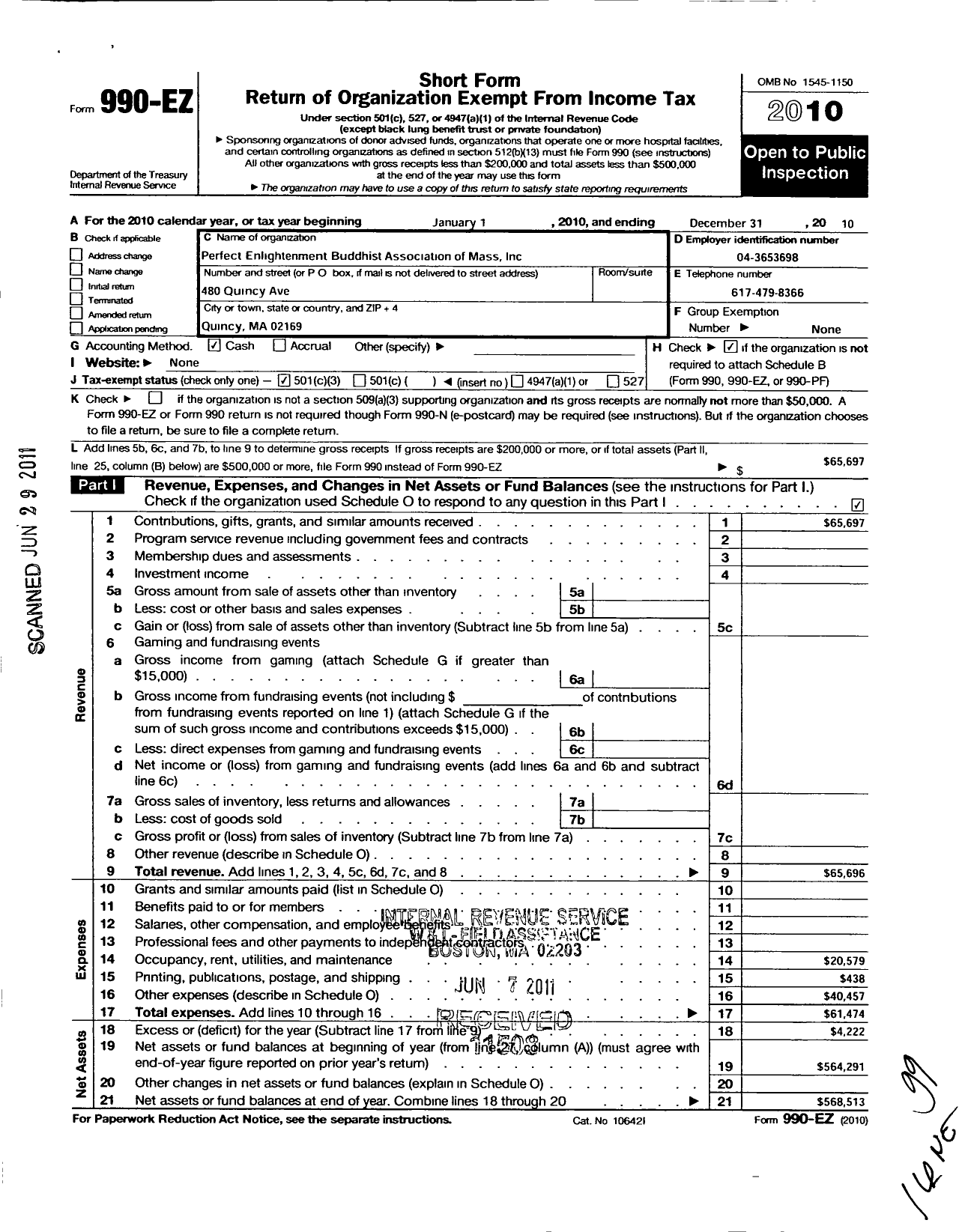 Image of first page of 2010 Form 990EZ for Perfect Enlightenment Buddhist Association of Mass