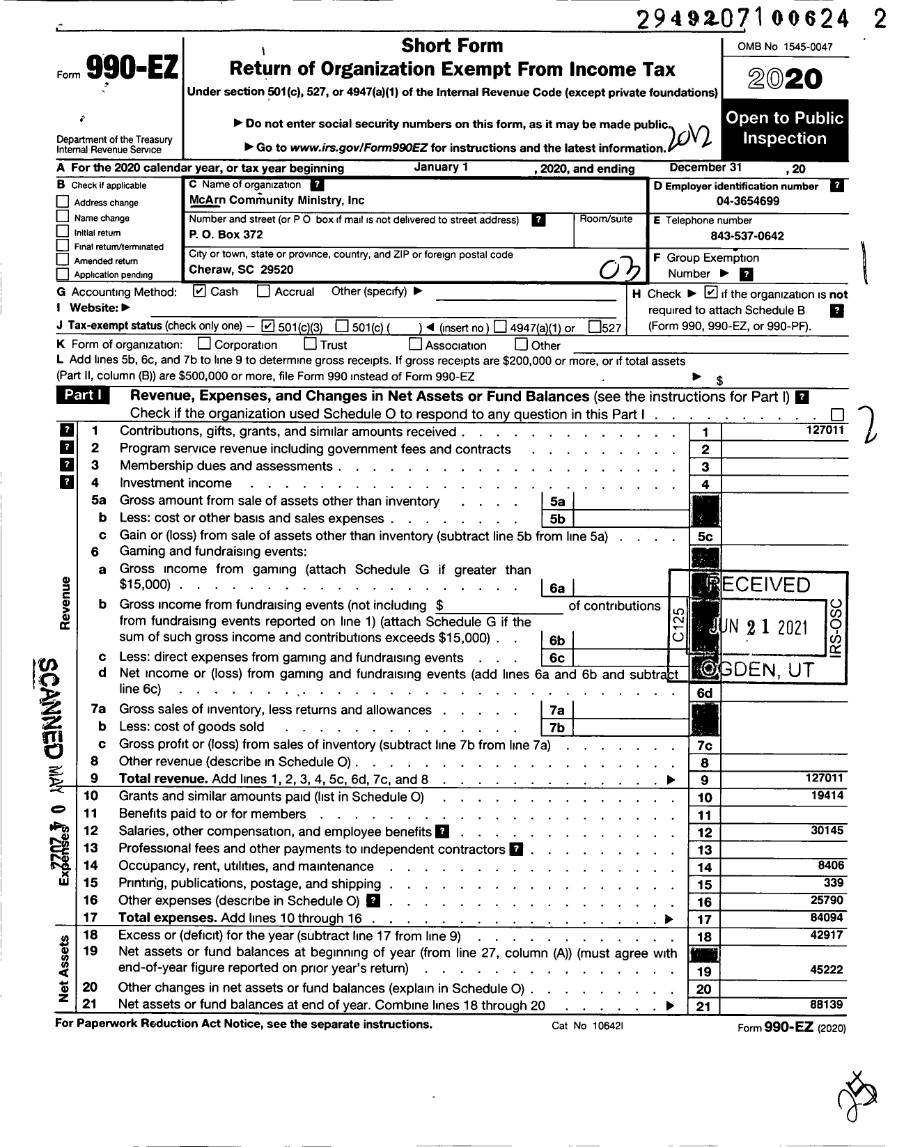 Image of first page of 2020 Form 990EZ for Mcarn Community Ministry