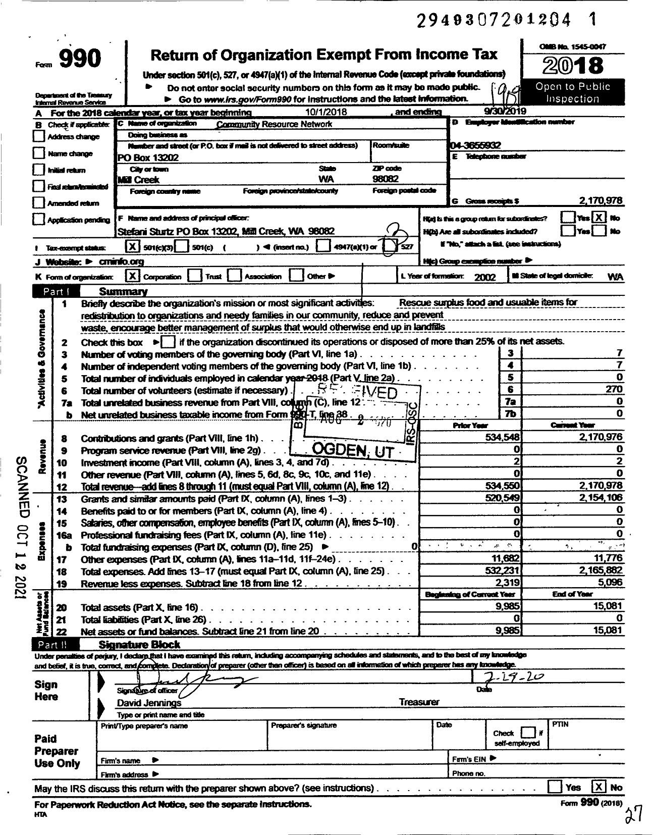 Image of first page of 2018 Form 990 for Community Resource Network