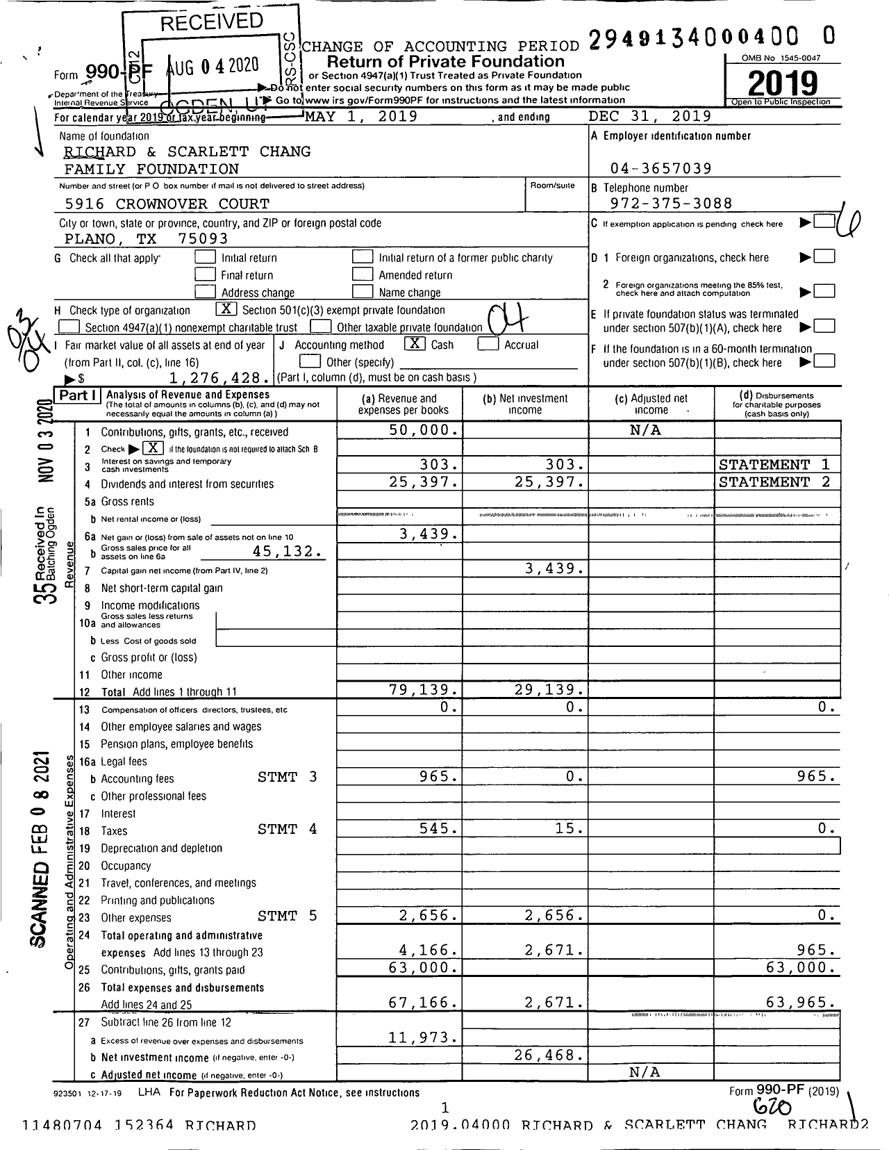 Image of first page of 2019 Form 990PF for Richard and Scarlett Chang Family Foundation