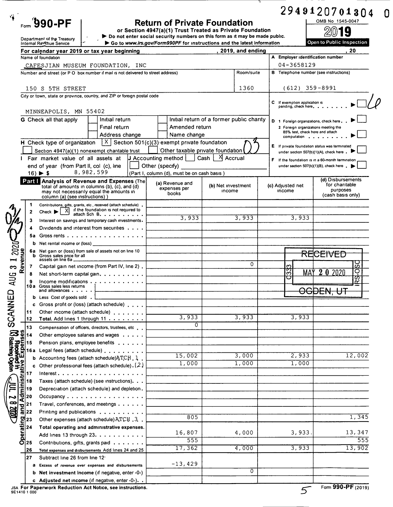 Image of first page of 2019 Form 990PR for Cafesjian Museum Foundation