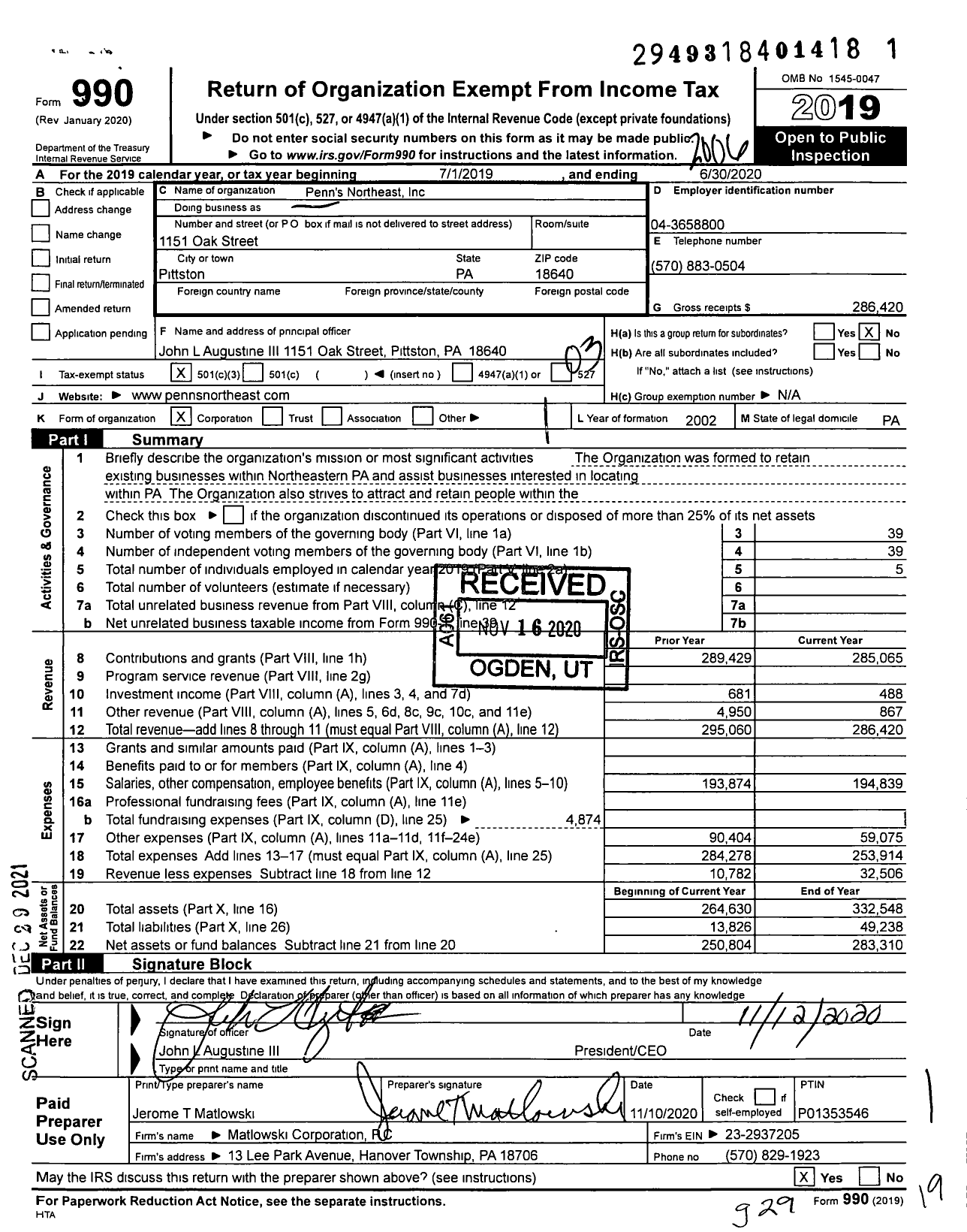 Image of first page of 2019 Form 990 for Penn's Northeast