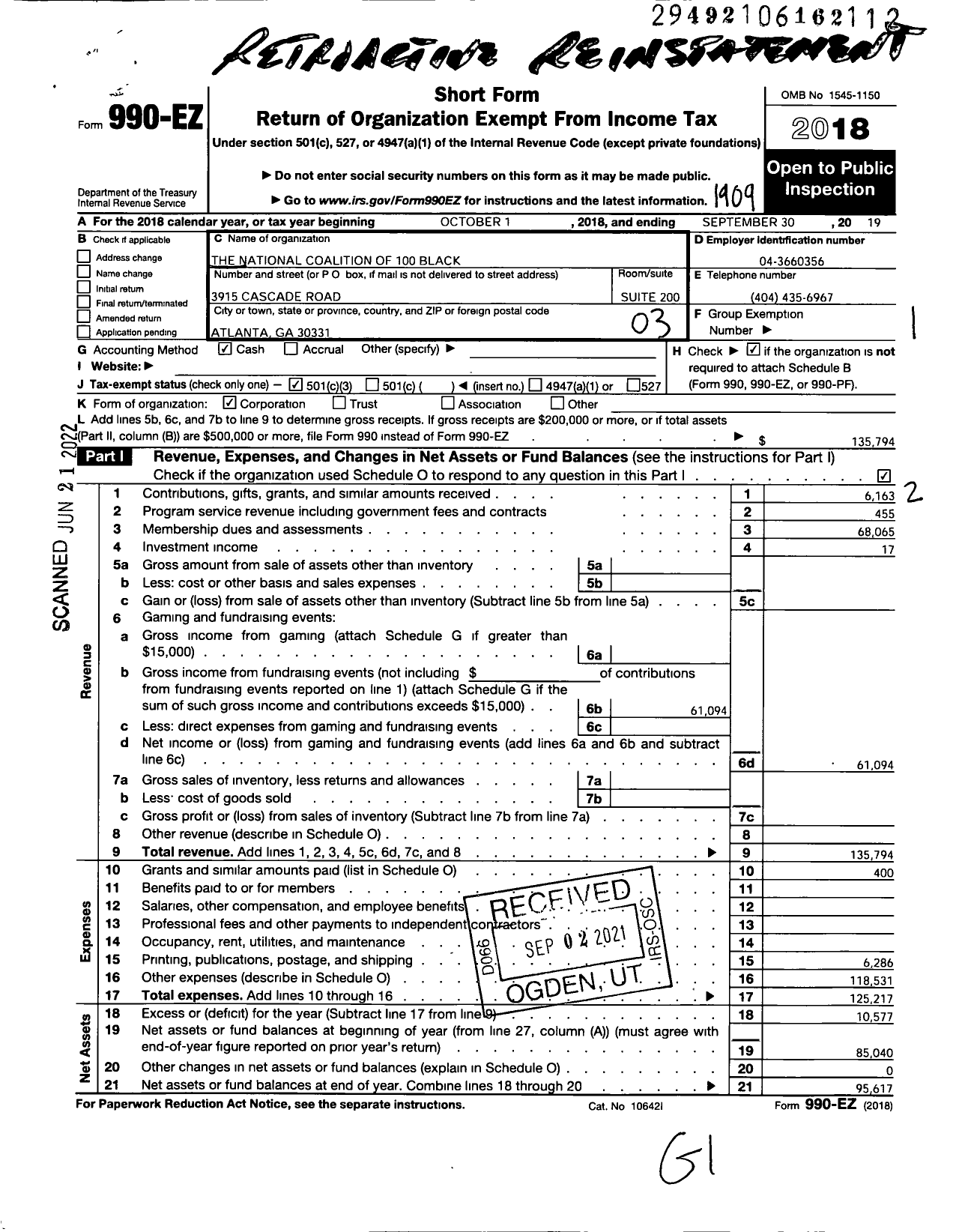 Image of first page of 2018 Form 990EZ for National Coalition of 100 Black Women Mecca Chapter