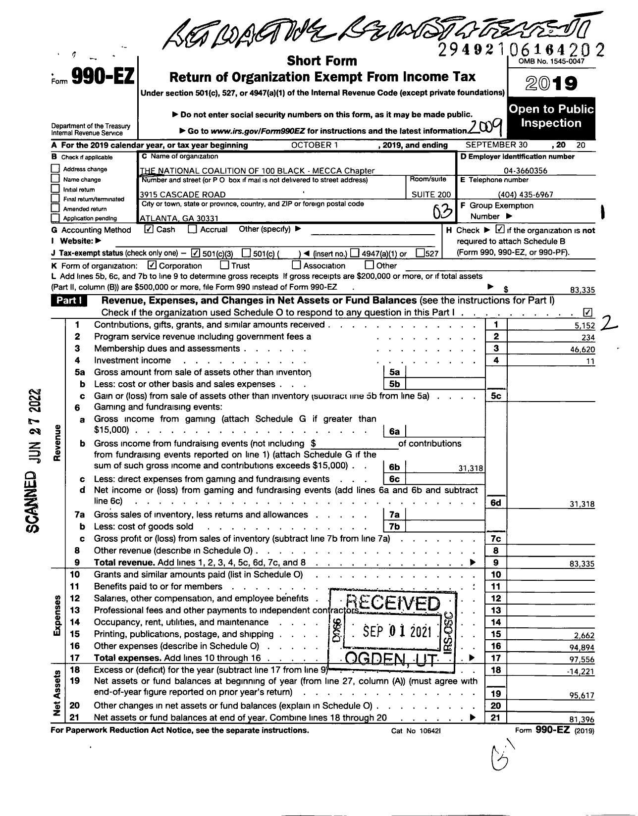 Image of first page of 2019 Form 990EZ for National Coalition of 100 Black Women Mecca Chapter