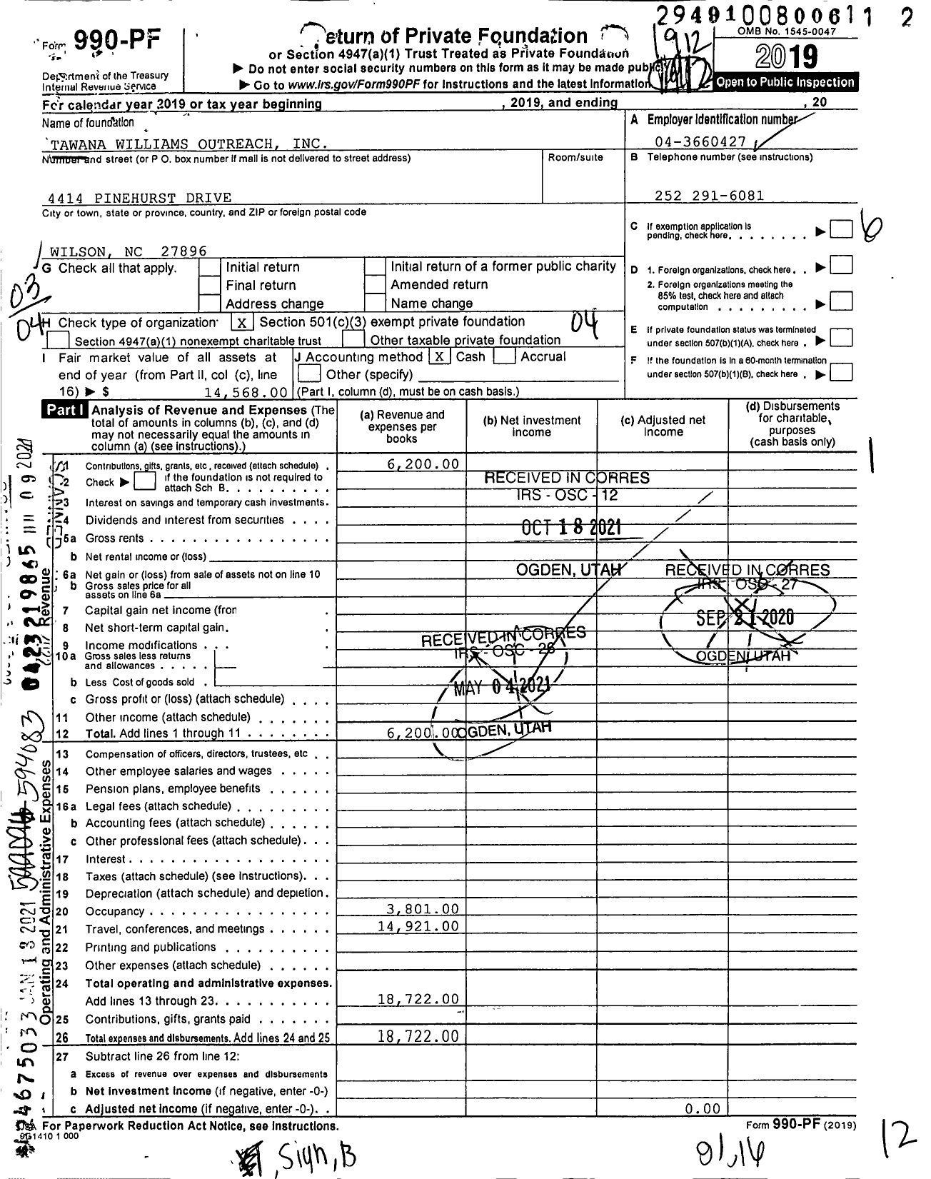 Image of first page of 2019 Form 990PF for Tawana Williams Outreach