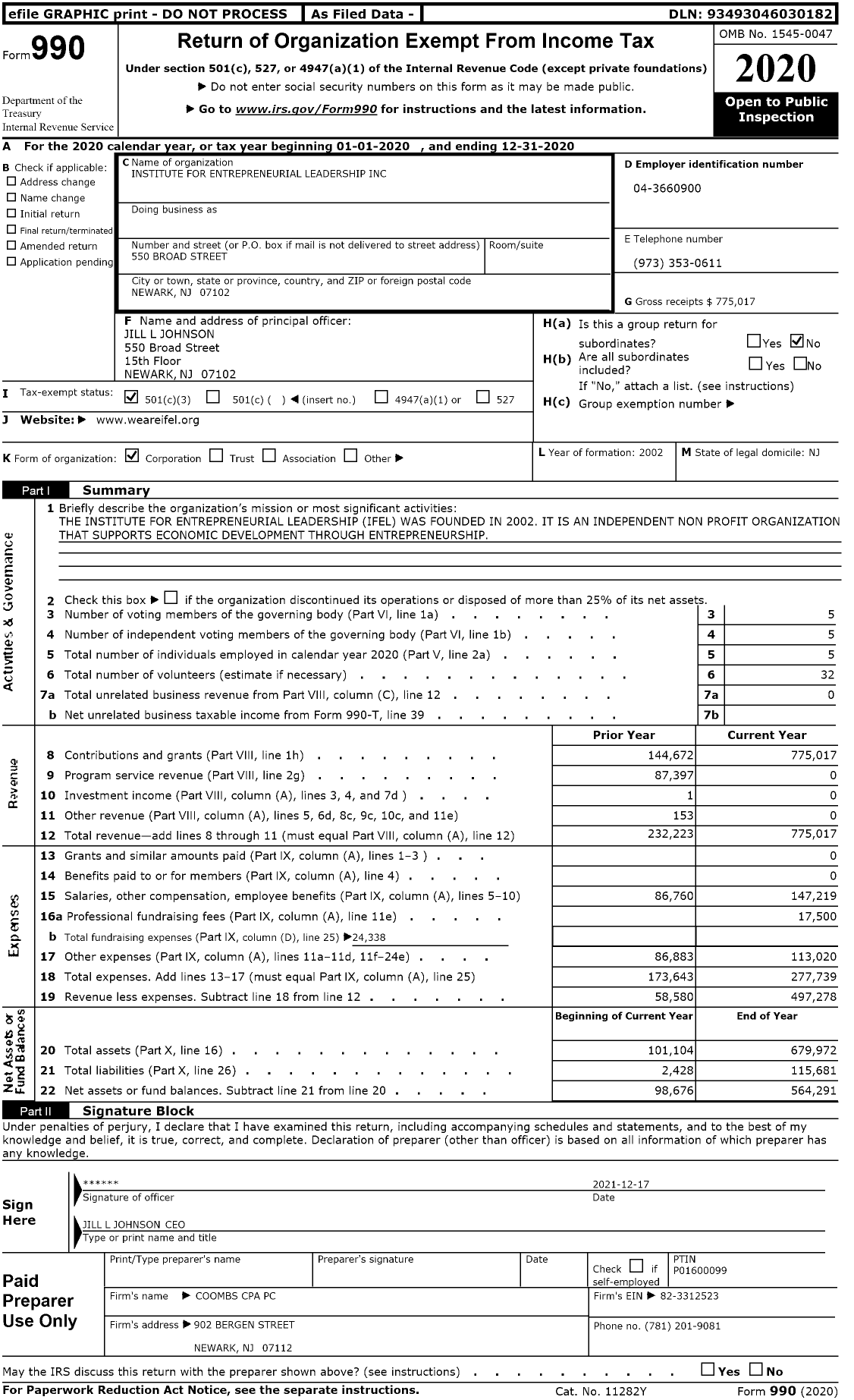 Image of first page of 2020 Form 990 for Institute for Entrepreneurial Leadership