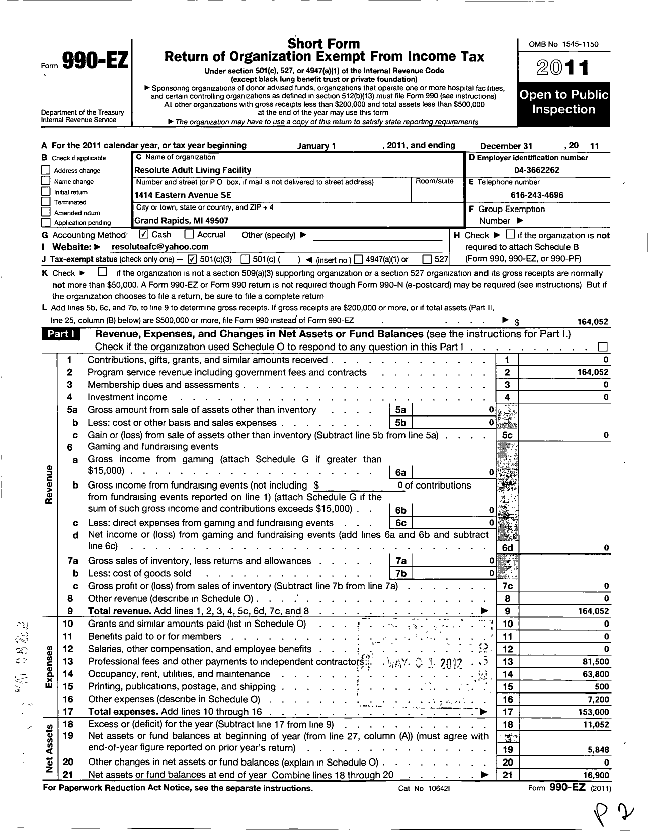 Image of first page of 2011 Form 990EZ for Resolute Adult Living Facility
