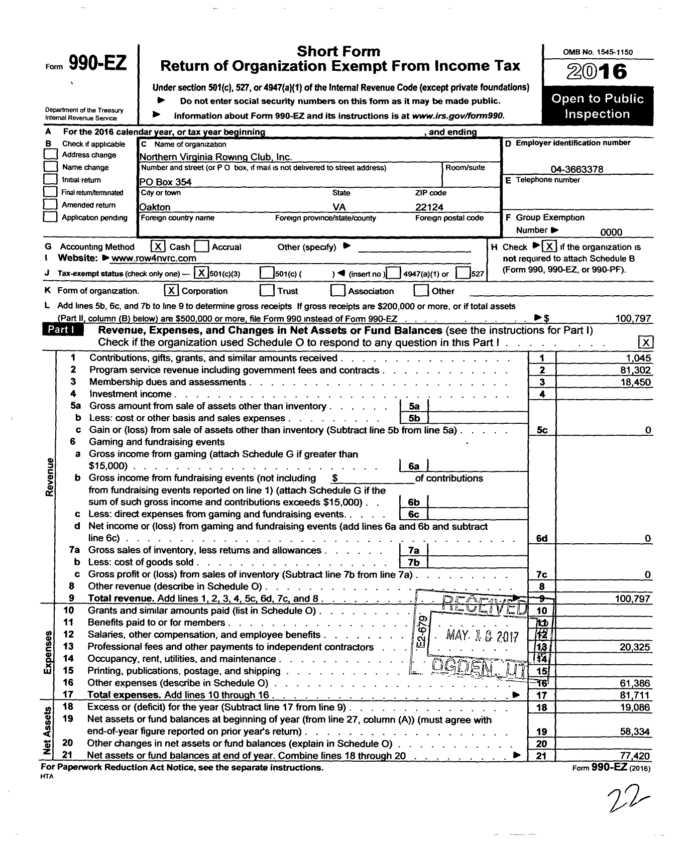 Image of first page of 2016 Form 990EZ for Northern Virginia Rowing Club