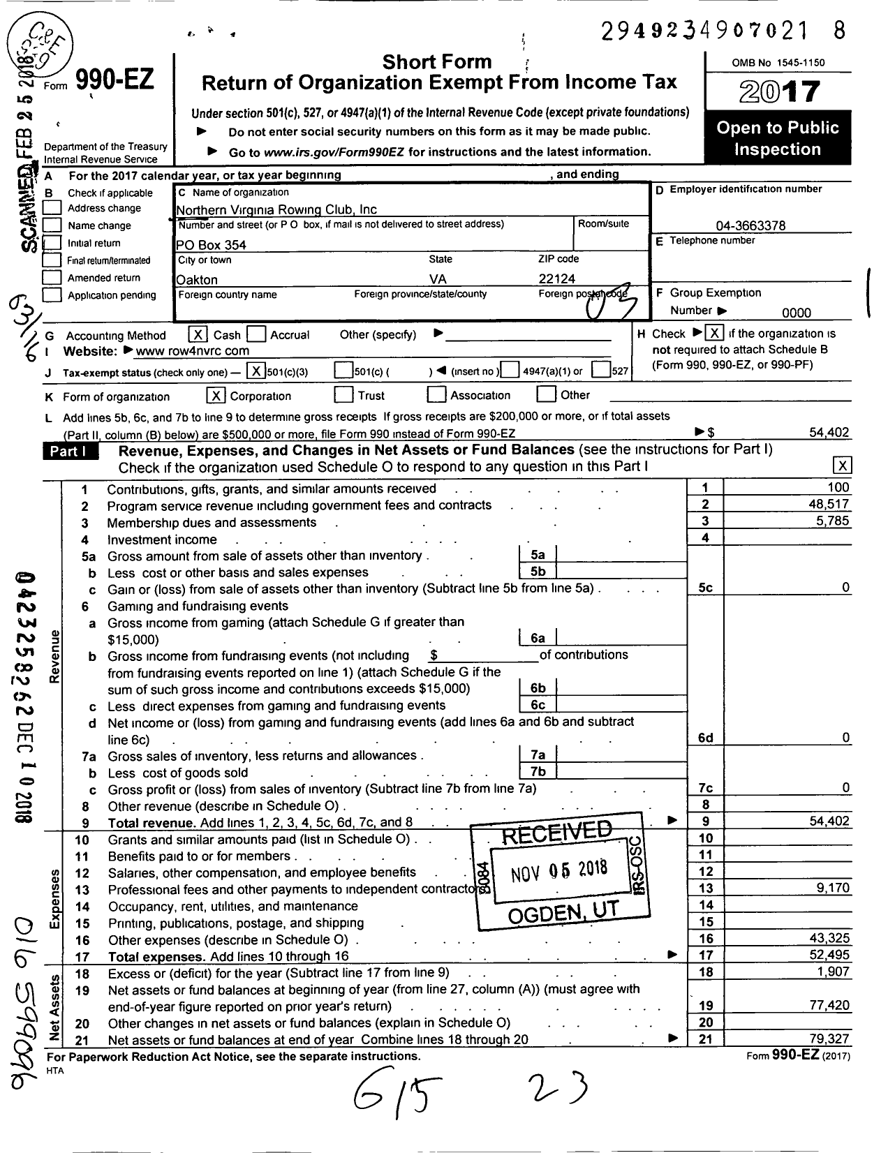 Image of first page of 2017 Form 990EZ for Northern Virginia Rowing Club