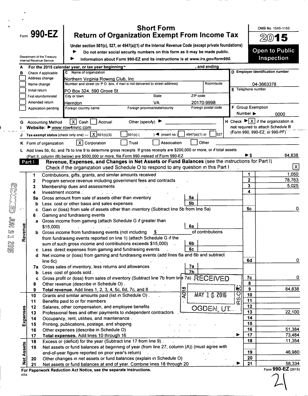 Image of first page of 2015 Form 990EZ for Northern Virginia Rowing Club