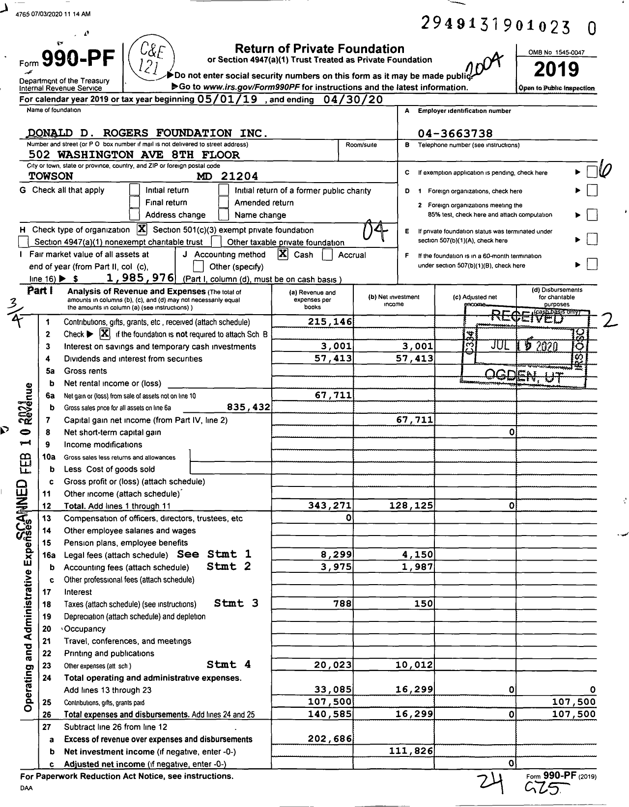 Image of first page of 2019 Form 990PF for Donald D Rogers Foundation