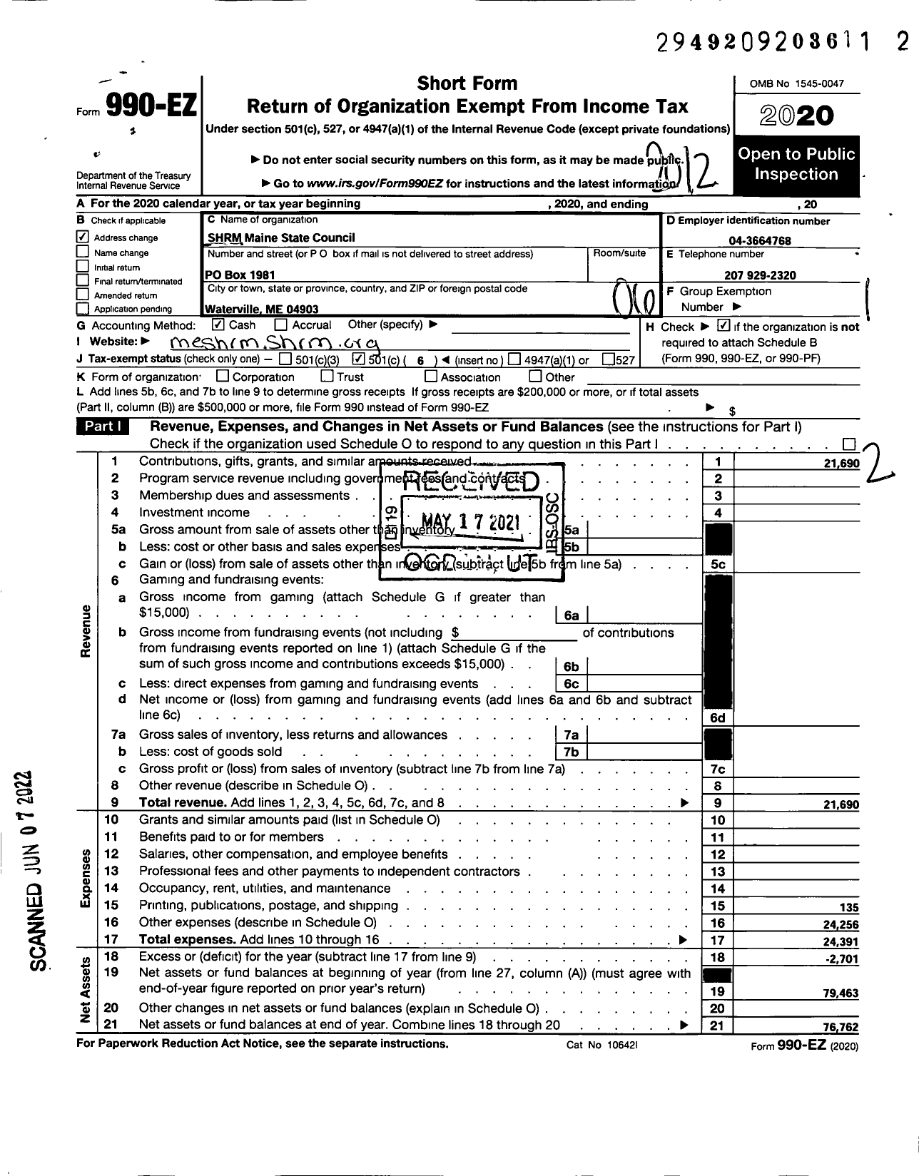 Image of first page of 2020 Form 990EO for Shrm-Maine State Council