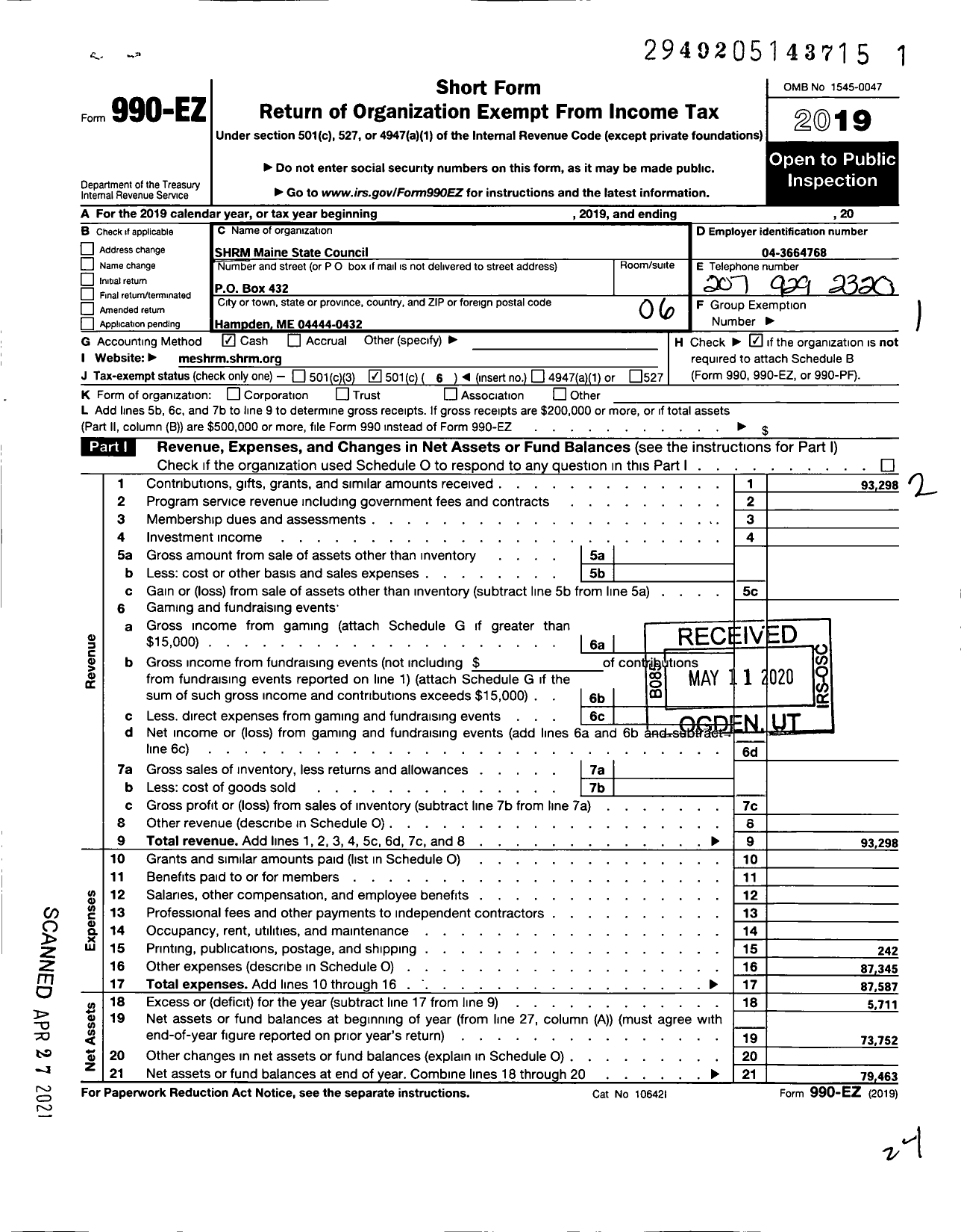 Image of first page of 2019 Form 990EO for Shrm-Maine State Council