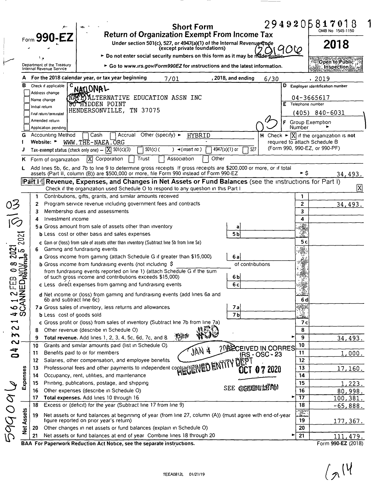 Image of first page of 2018 Form 990EZ for National Alternative Education Asso