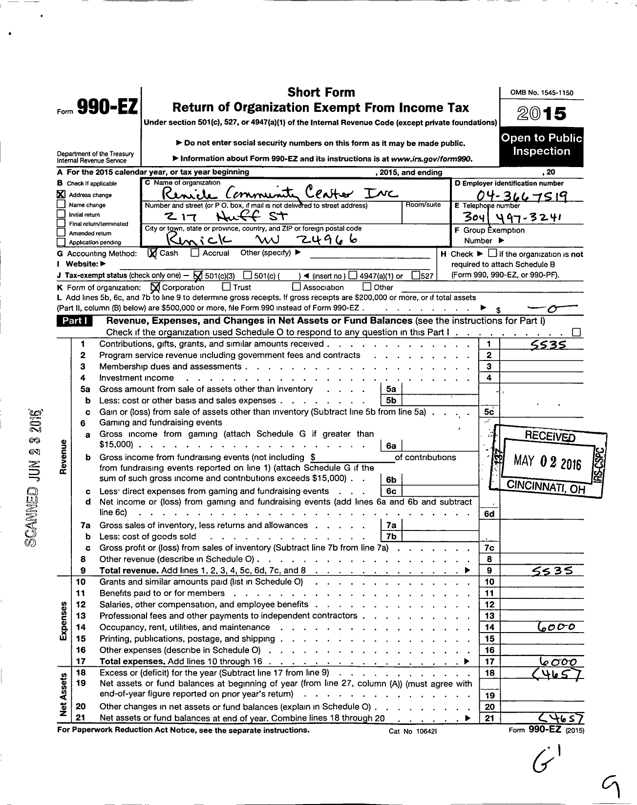 Image of first page of 2015 Form 990EZ for Renick Community Center