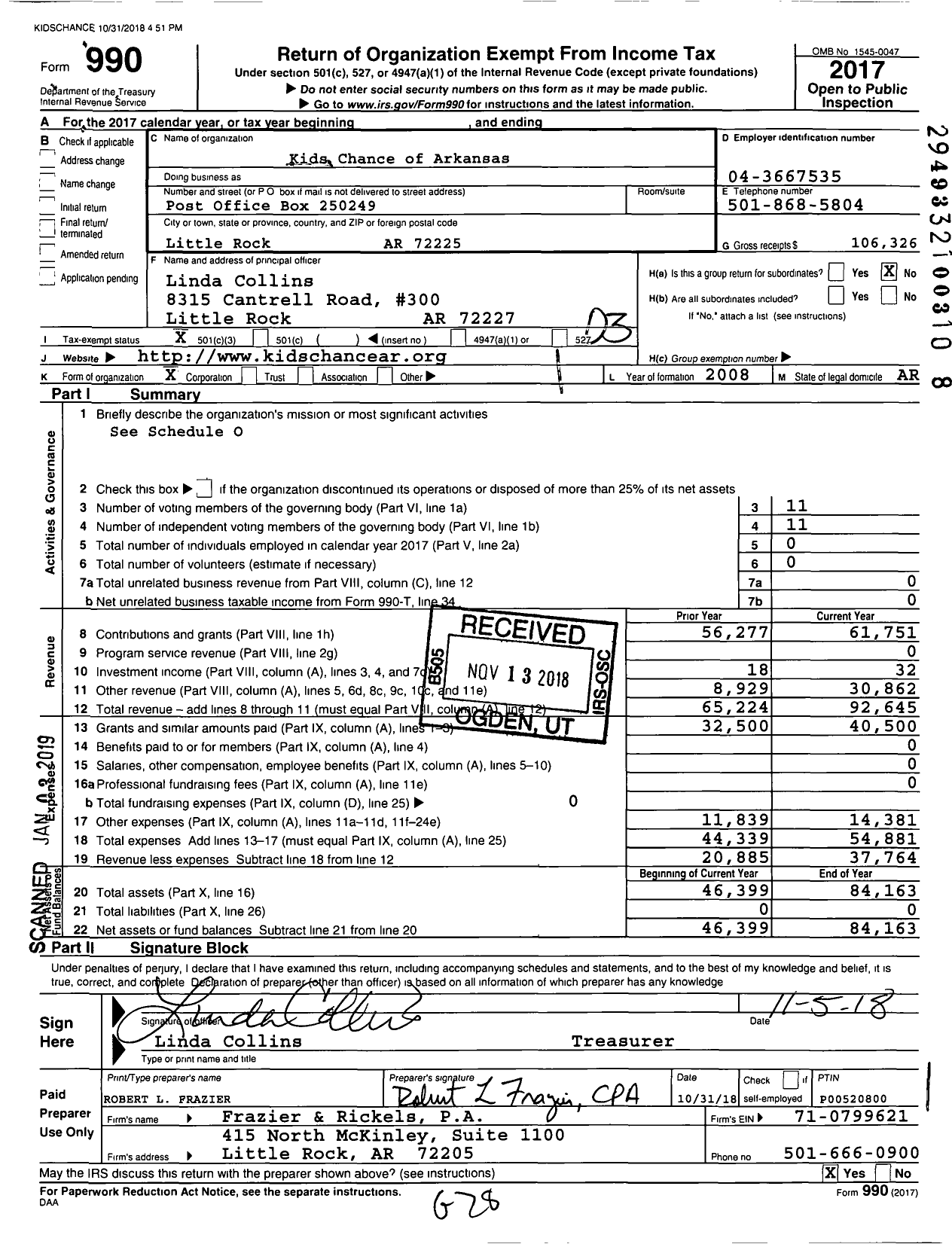 Image of first page of 2017 Form 990 for Kids Chance of Arkansas