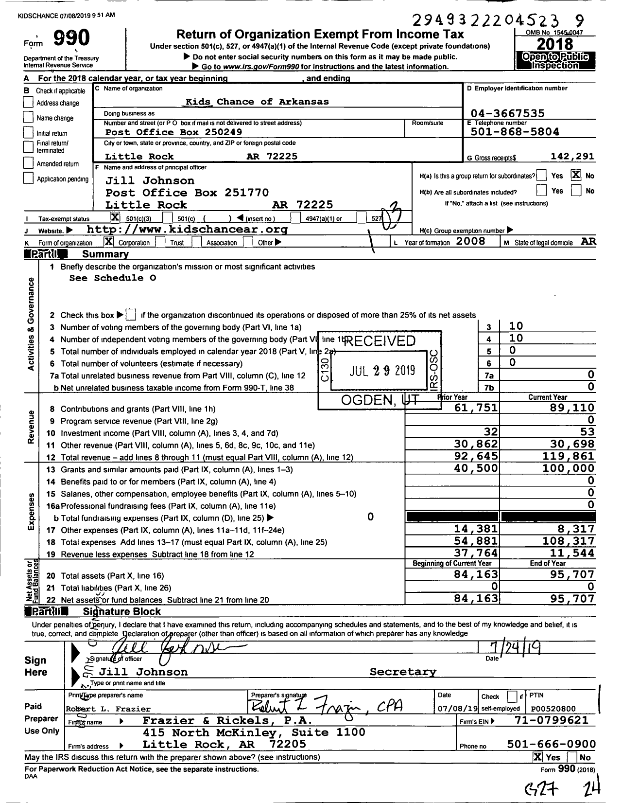 Image of first page of 2018 Form 990 for Kids Chance of Arkansas