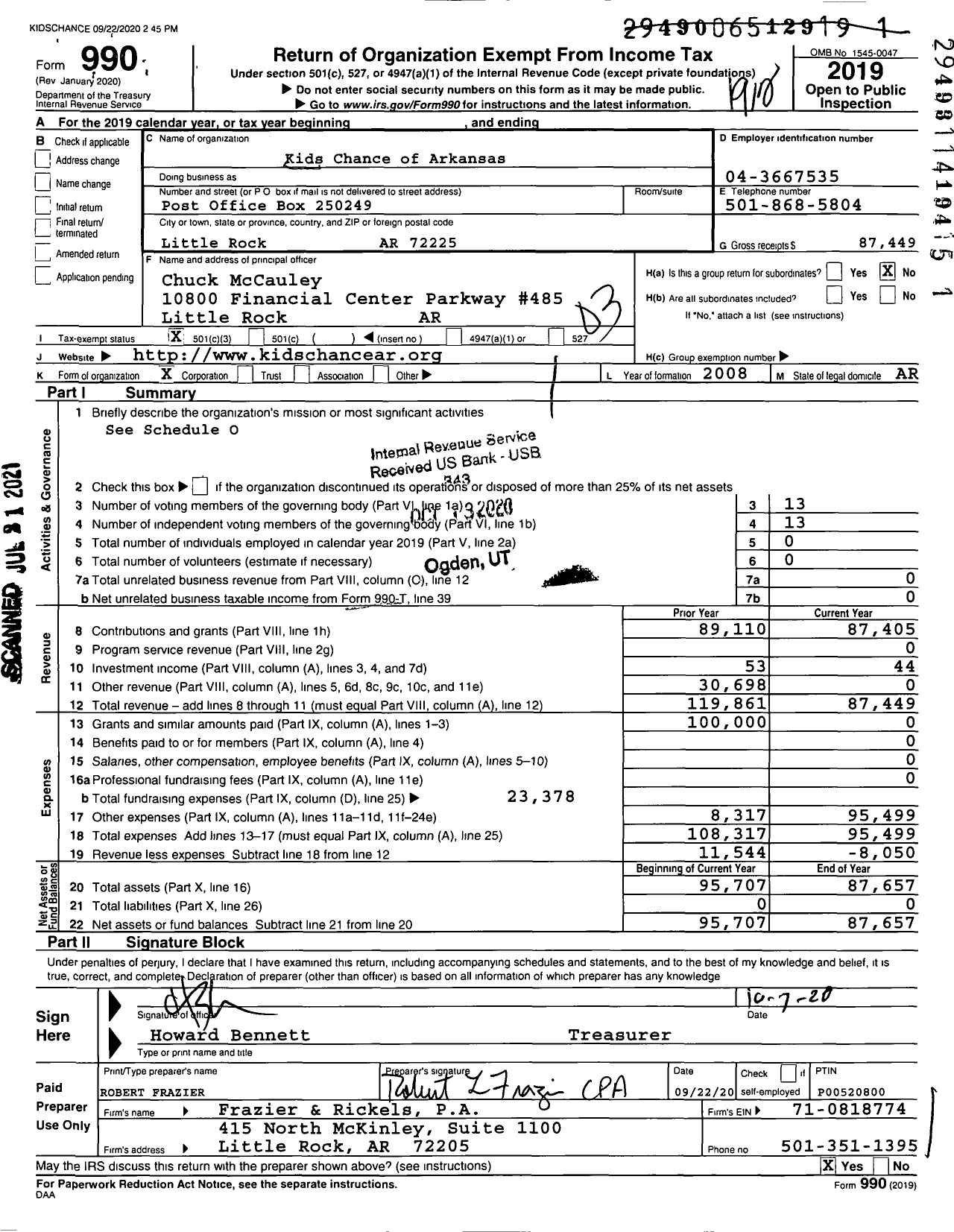 Image of first page of 2019 Form 990 for Kids Chance of Arkansas