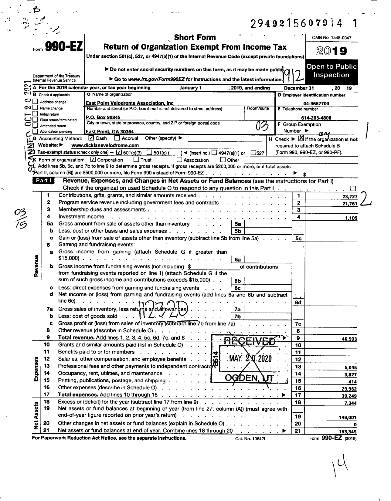 Image of first page of 2019 Form 990EZ for East Point Velodrome Association