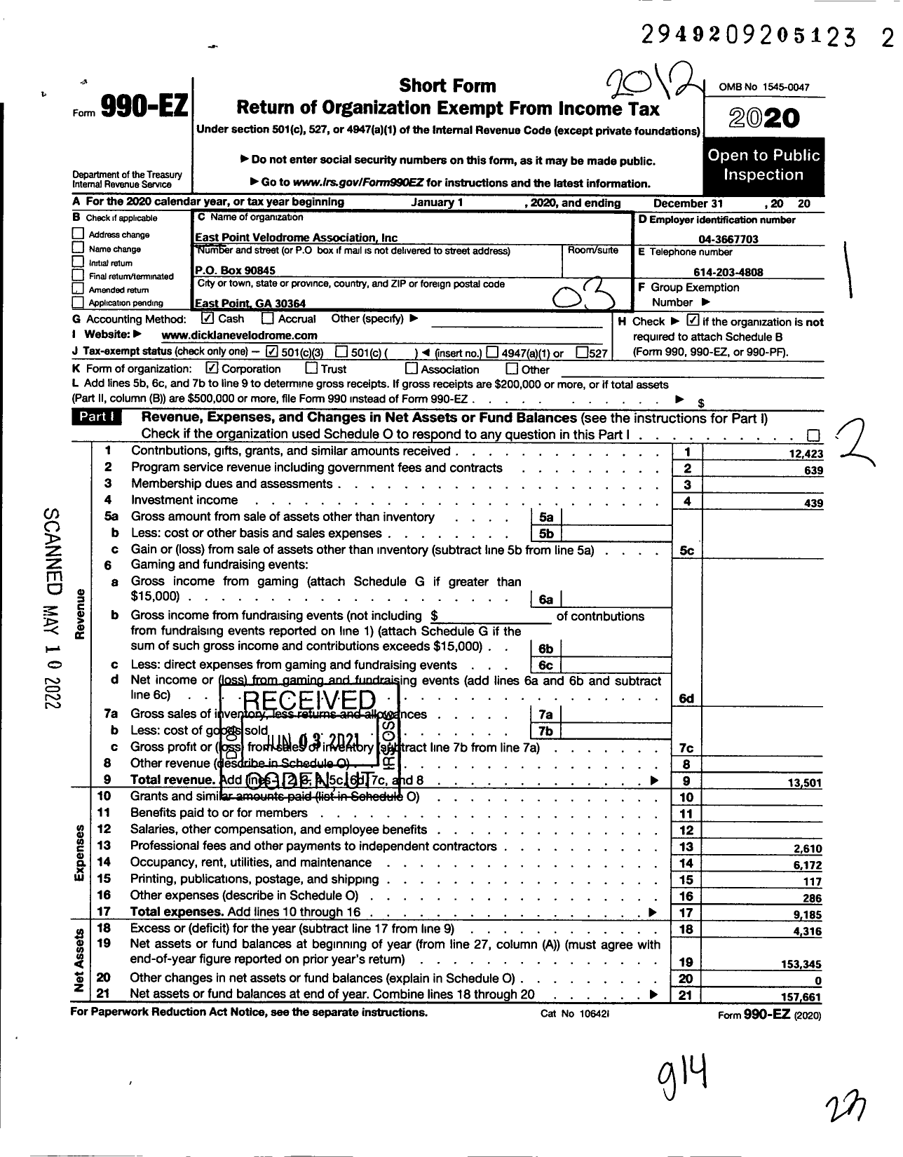 Image of first page of 2020 Form 990EZ for East Point Velodrome Association