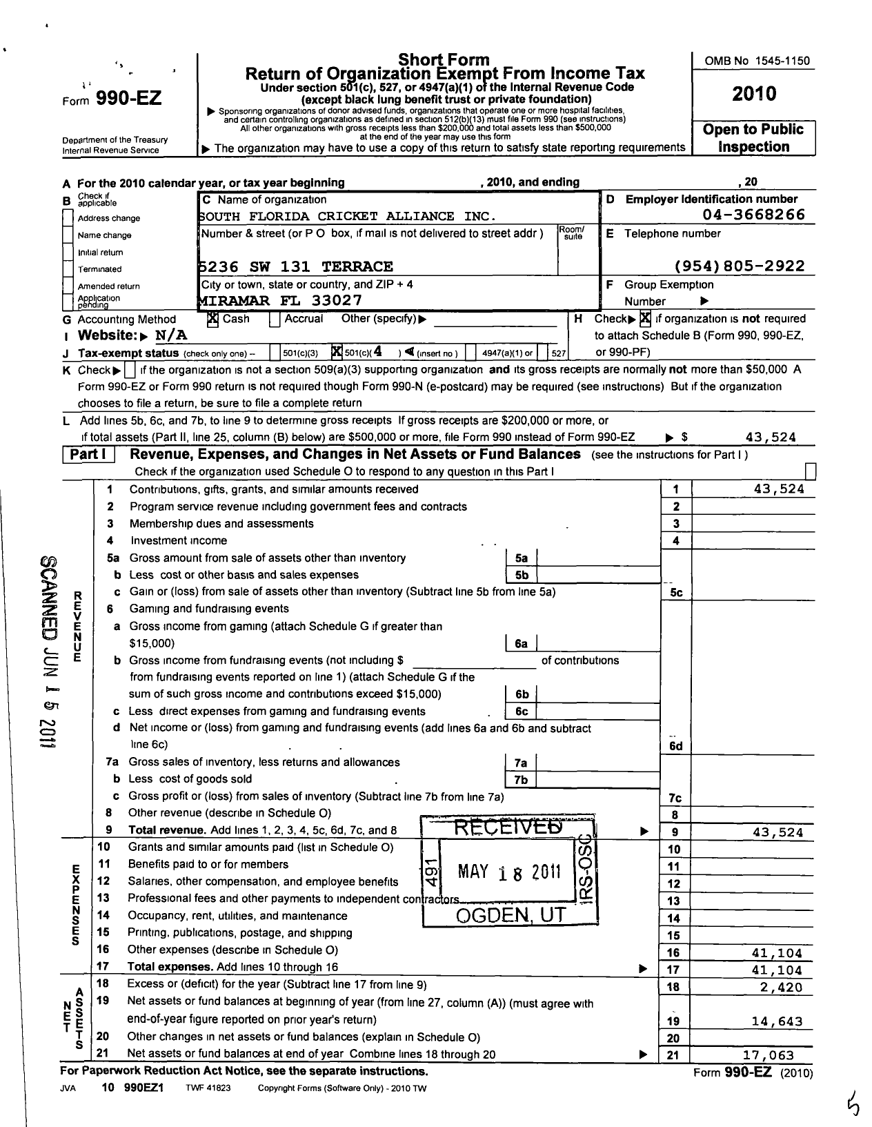 Image of first page of 2010 Form 990EO for South Florida Cricket Alliance