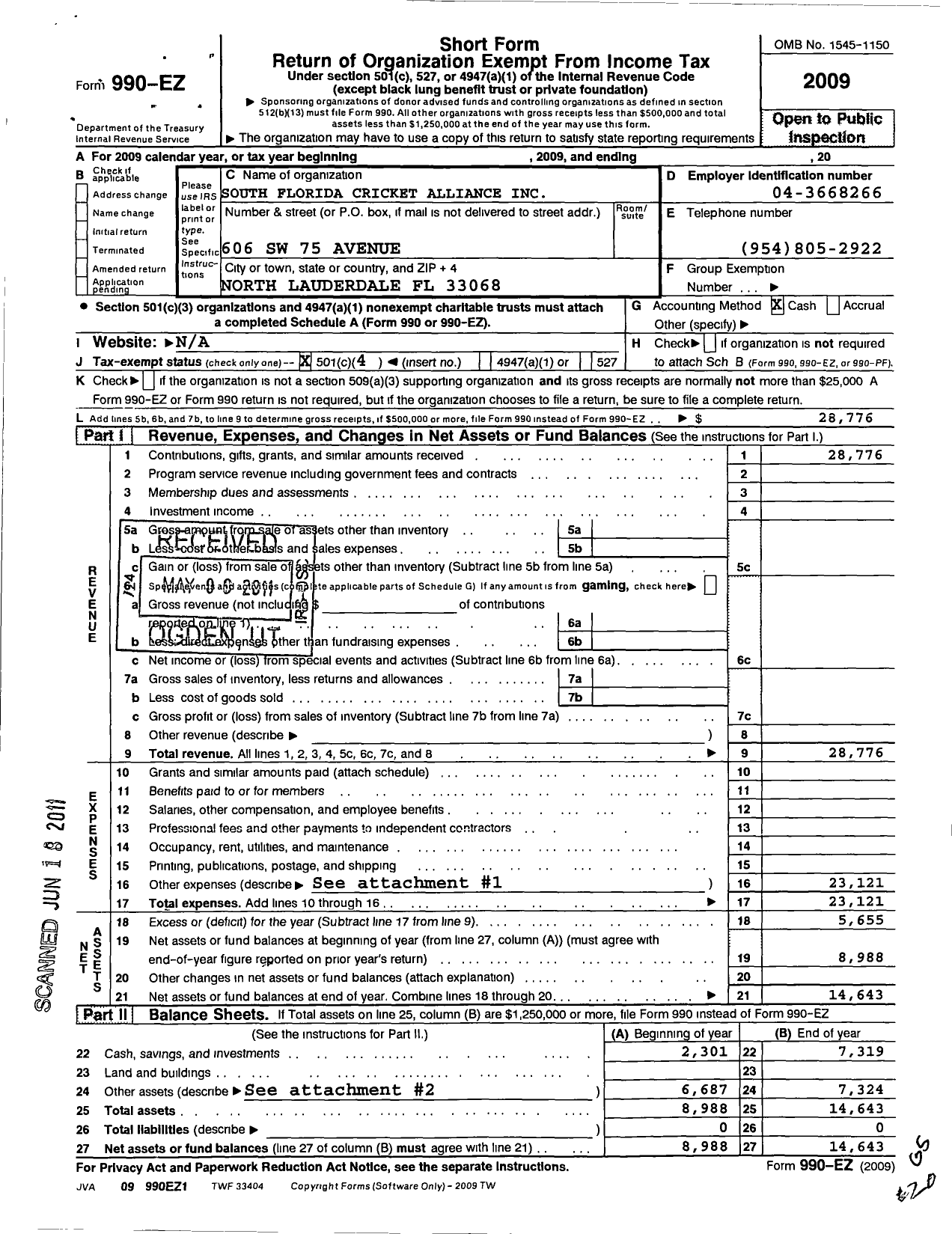 Image of first page of 2009 Form 990EO for South Florida Cricket Alliance