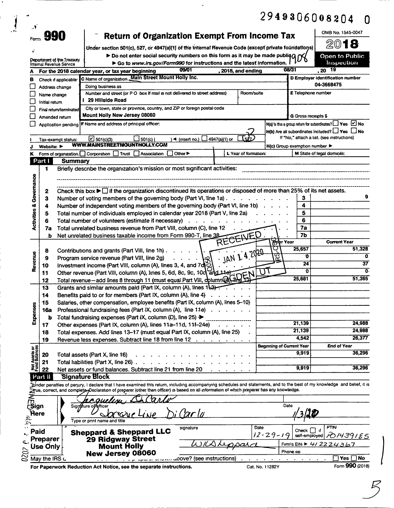 Image of first page of 2018 Form 990 for Main Street Mount Holly