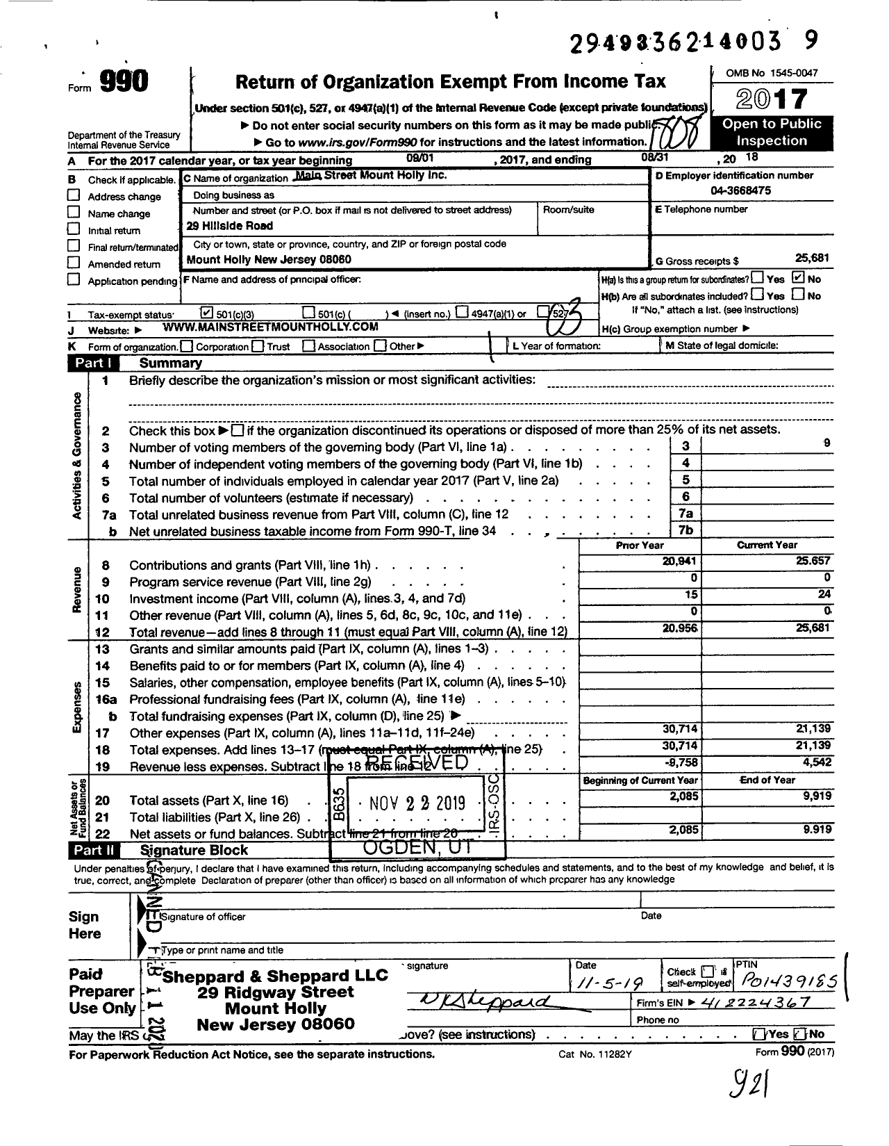 Image of first page of 2017 Form 990 for Main Street Mount Holly