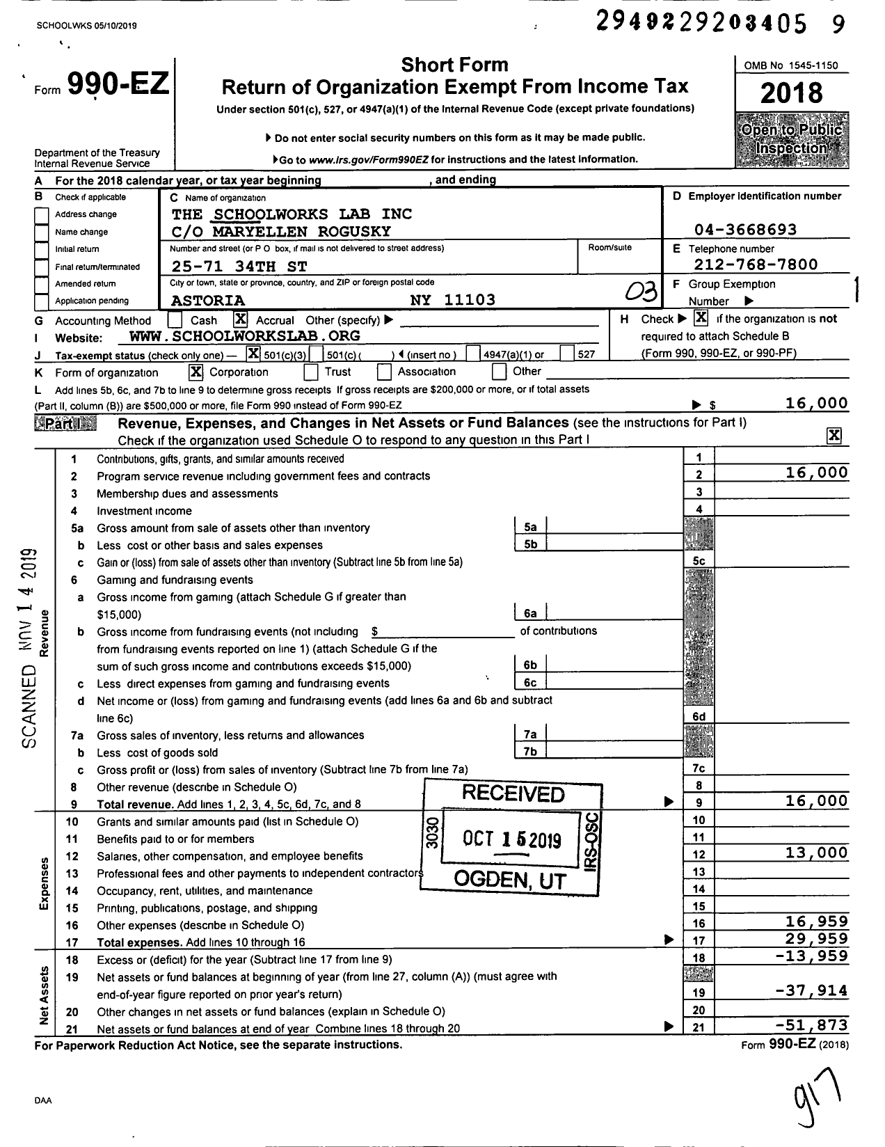 Image of first page of 2018 Form 990EZ for The Schoolworks Lab