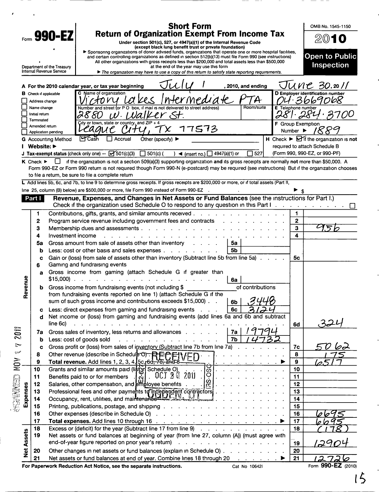 Image of first page of 2010 Form 990EZ for Texas PTA - 10227 Victory Lakes Intermediate