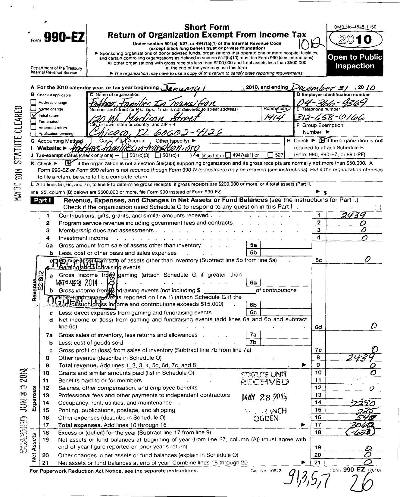 Image of first page of 2010 Form 990EO for Fathers Families in Transition (FFIT)