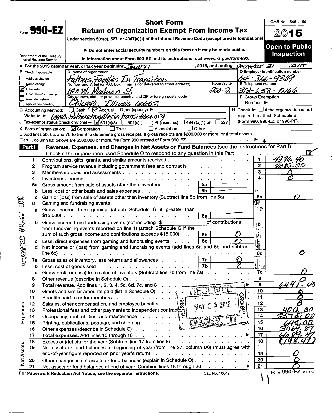 Image of first page of 2015 Form 990EZ for Fathers Families in Transition (FFIT)