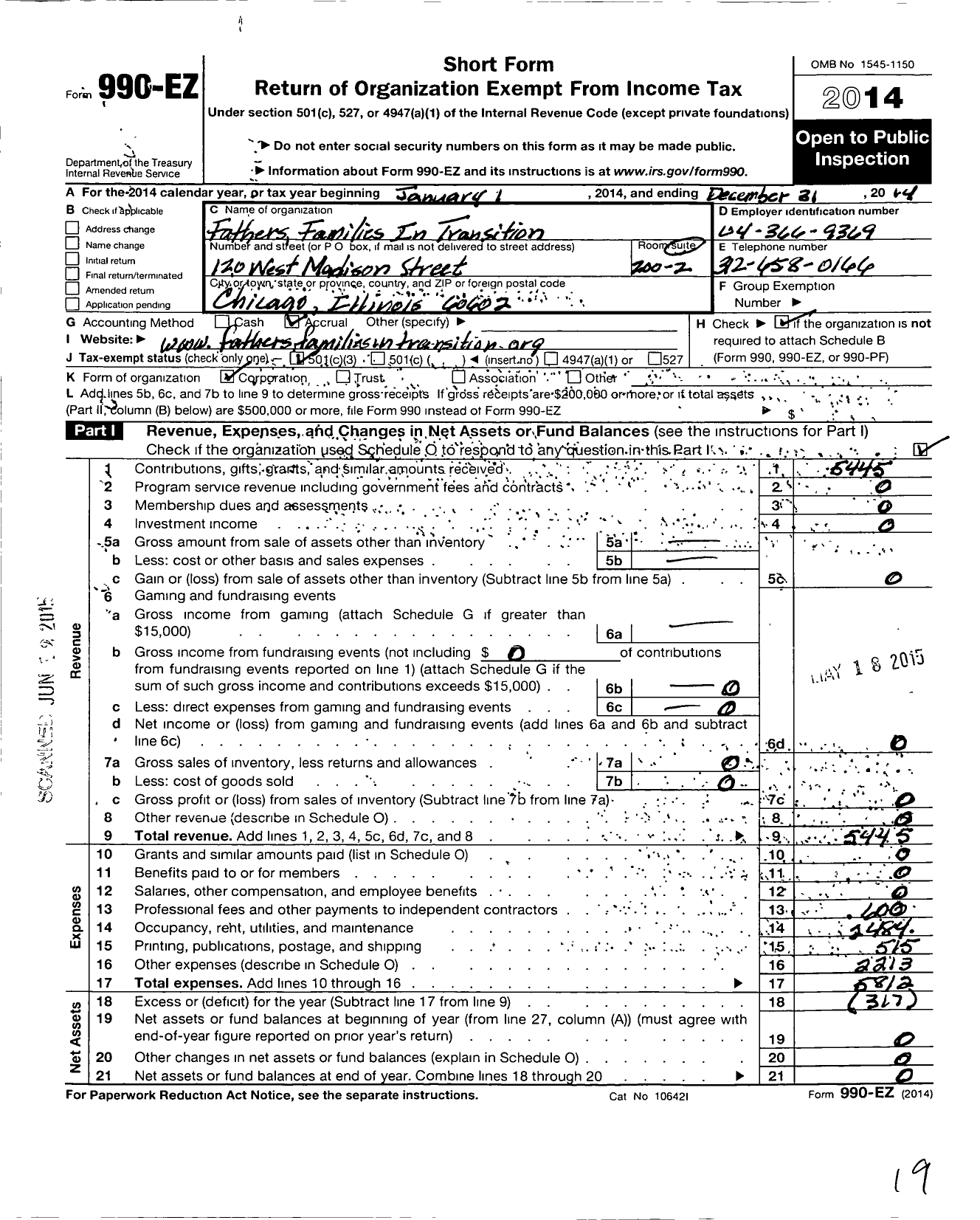 Image of first page of 2014 Form 990EZ for Fathers Families in Transition (FFIT)