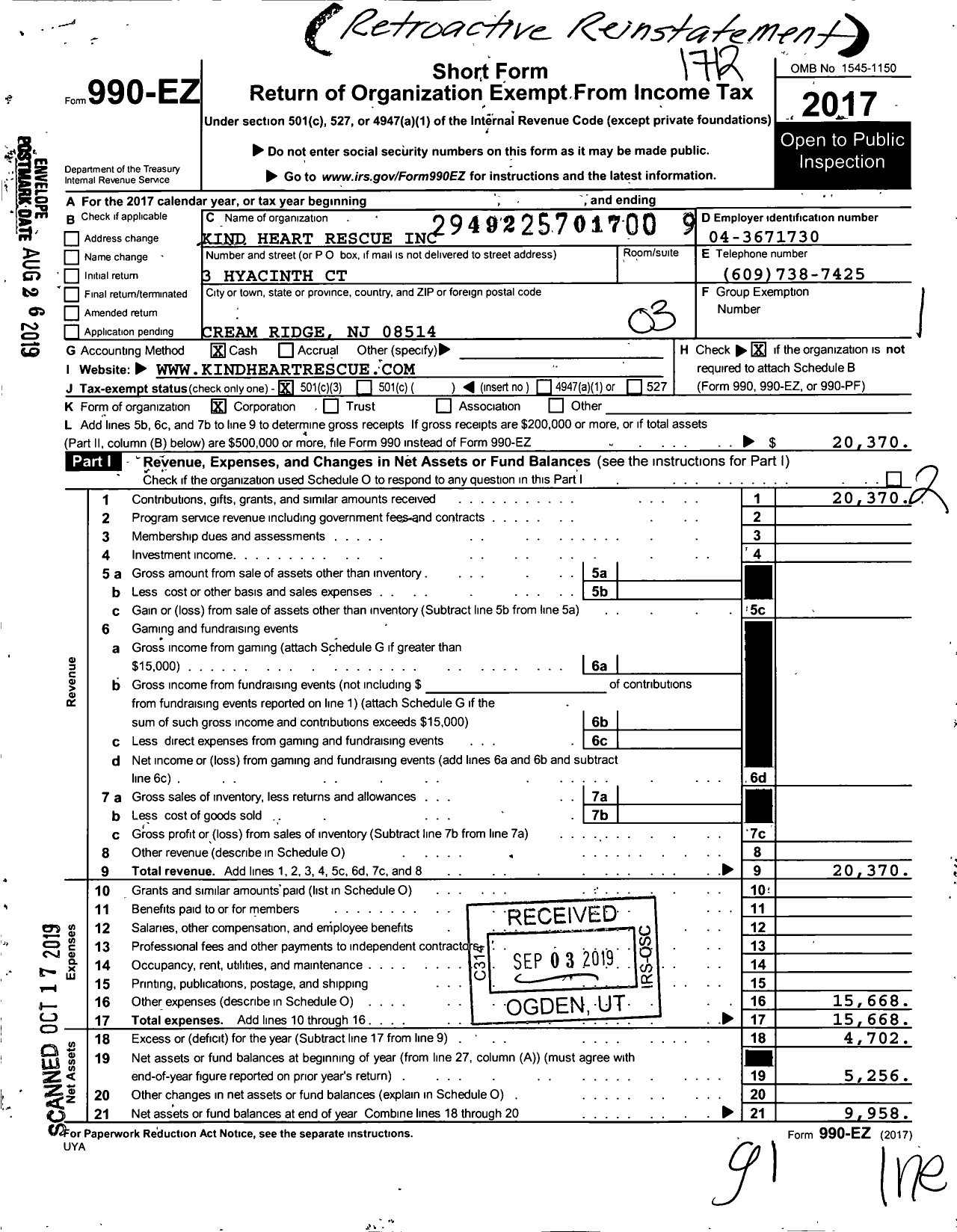 Image of first page of 2017 Form 990EZ for Kind Heart Placement and Rescue Services