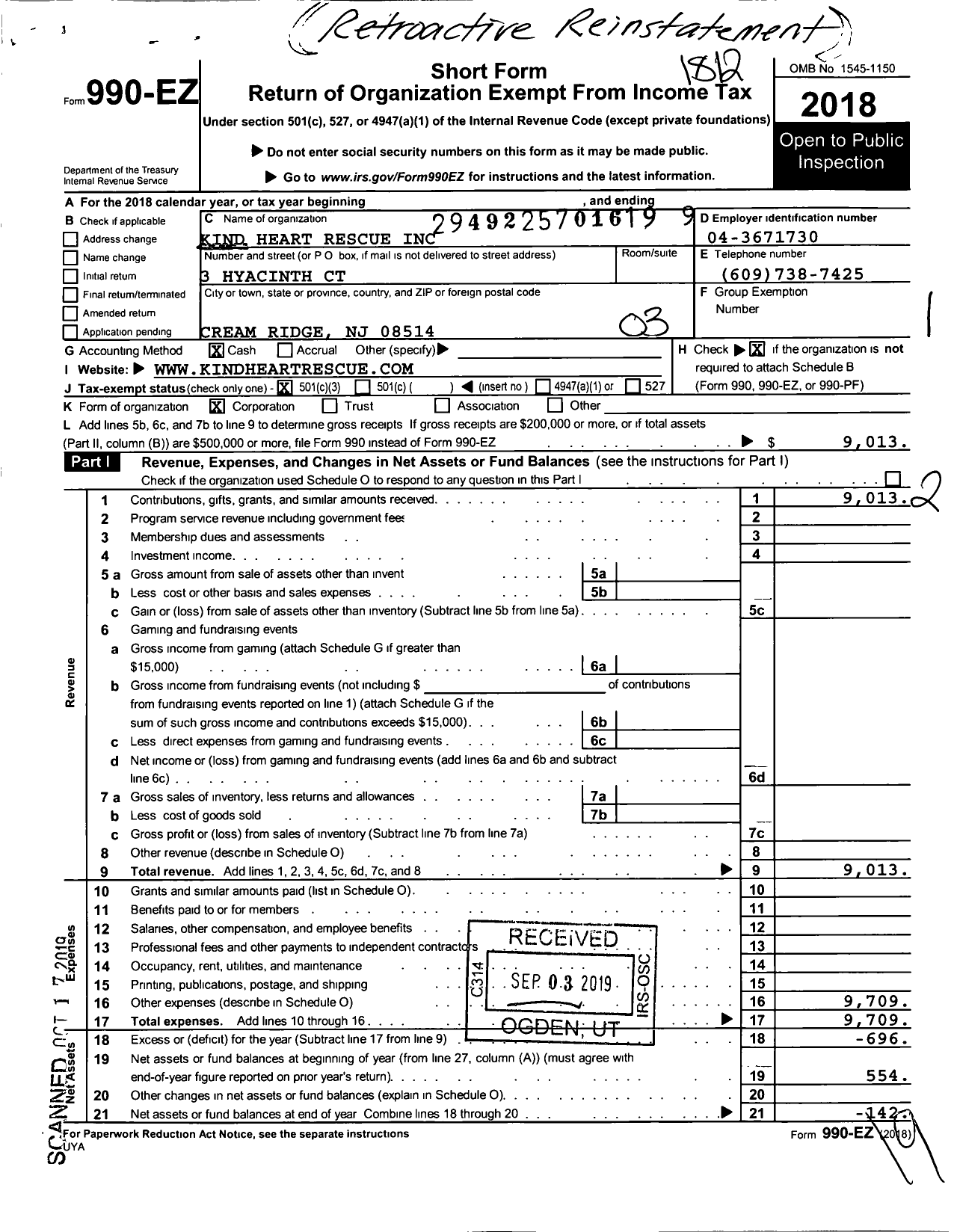 Image of first page of 2018 Form 990EZ for Kind Heart Placement and Rescue Services