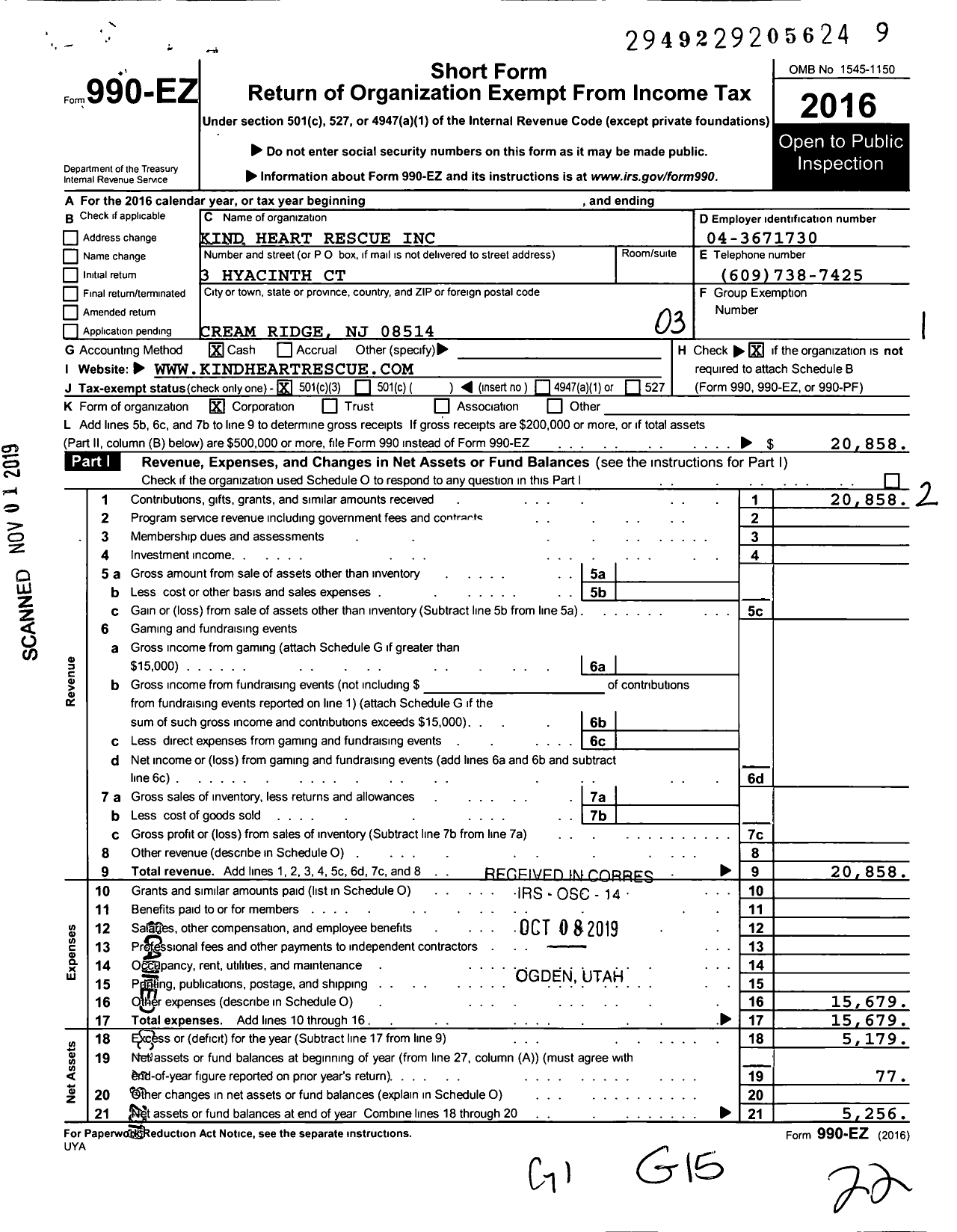 Image of first page of 2016 Form 990EZ for Kind Heart Placement and Rescue Services