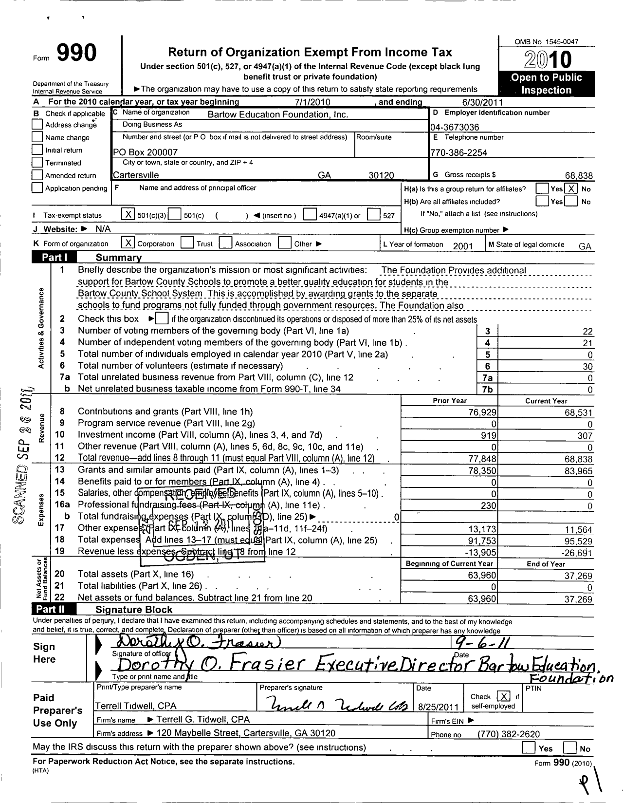 Image of first page of 2010 Form 990 for Bartow Education Foundation