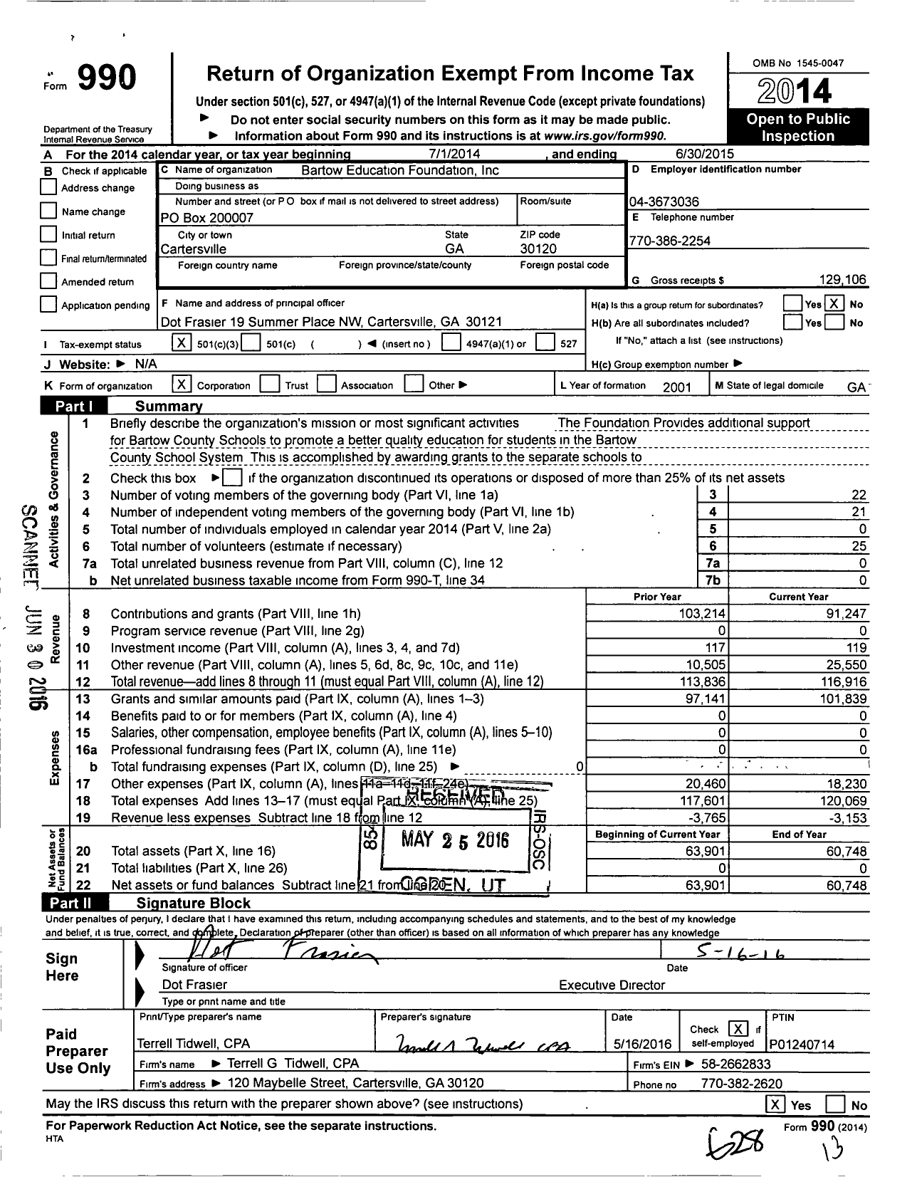 Image of first page of 2014 Form 990 for Bartow Education Foundation