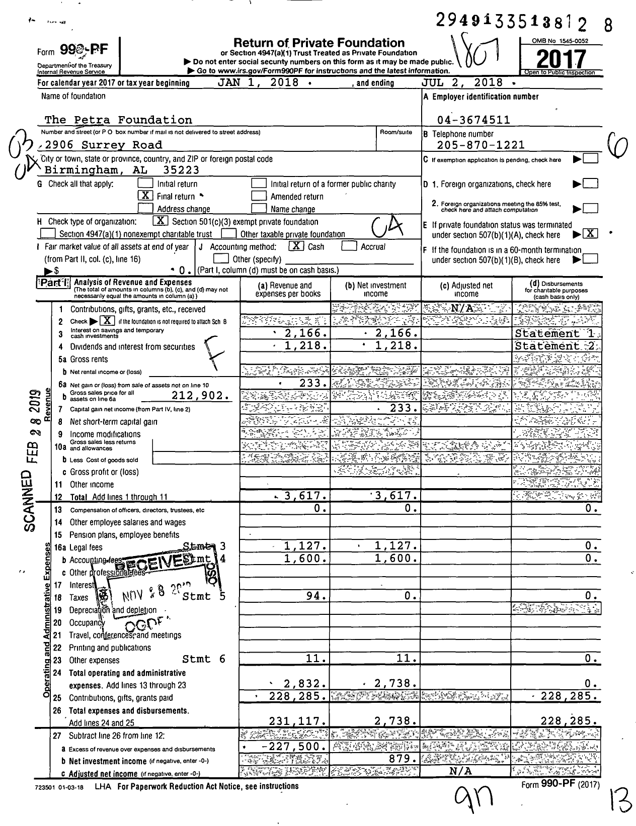 Image of first page of 2017 Form 990PF for The Petra Foundation