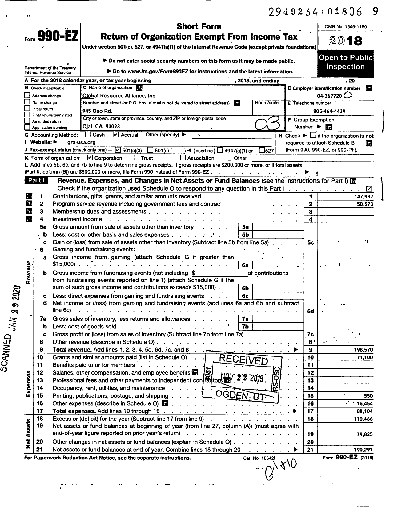 Image of first page of 2018 Form 990EZ for Global Resource Alliance