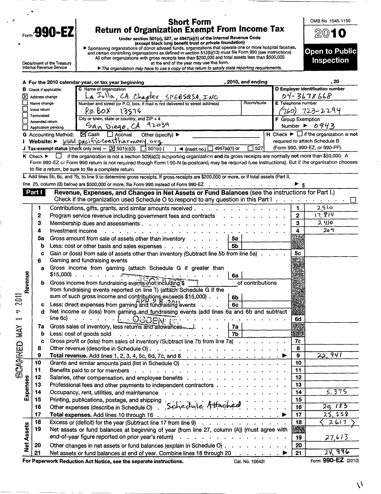 Image of first page of 2010 Form 990EZ for Barbershop Harmony Society - D117 La Jolla