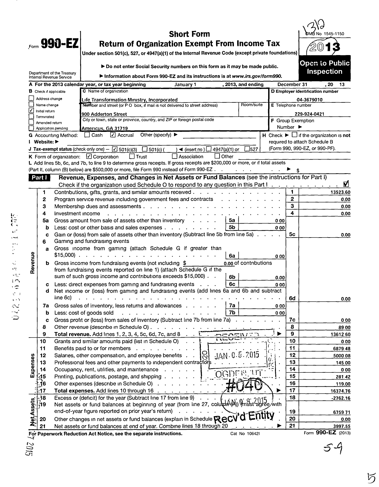 Image of first page of 2013 Form 990EZ for Life Transformation Ministry Incorporated