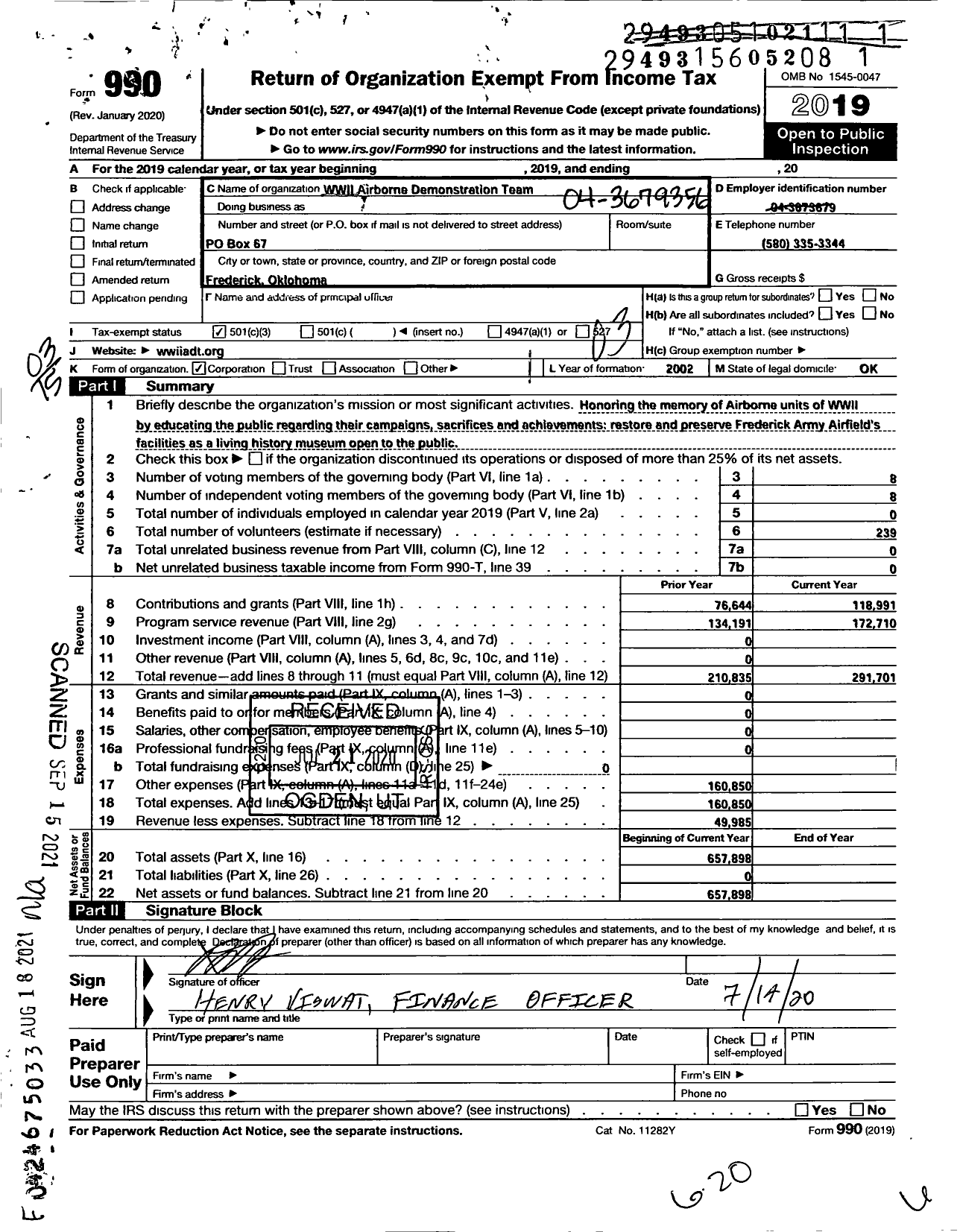 Image of first page of 2019 Form 990 for Wwii Airborne Demonstration Team