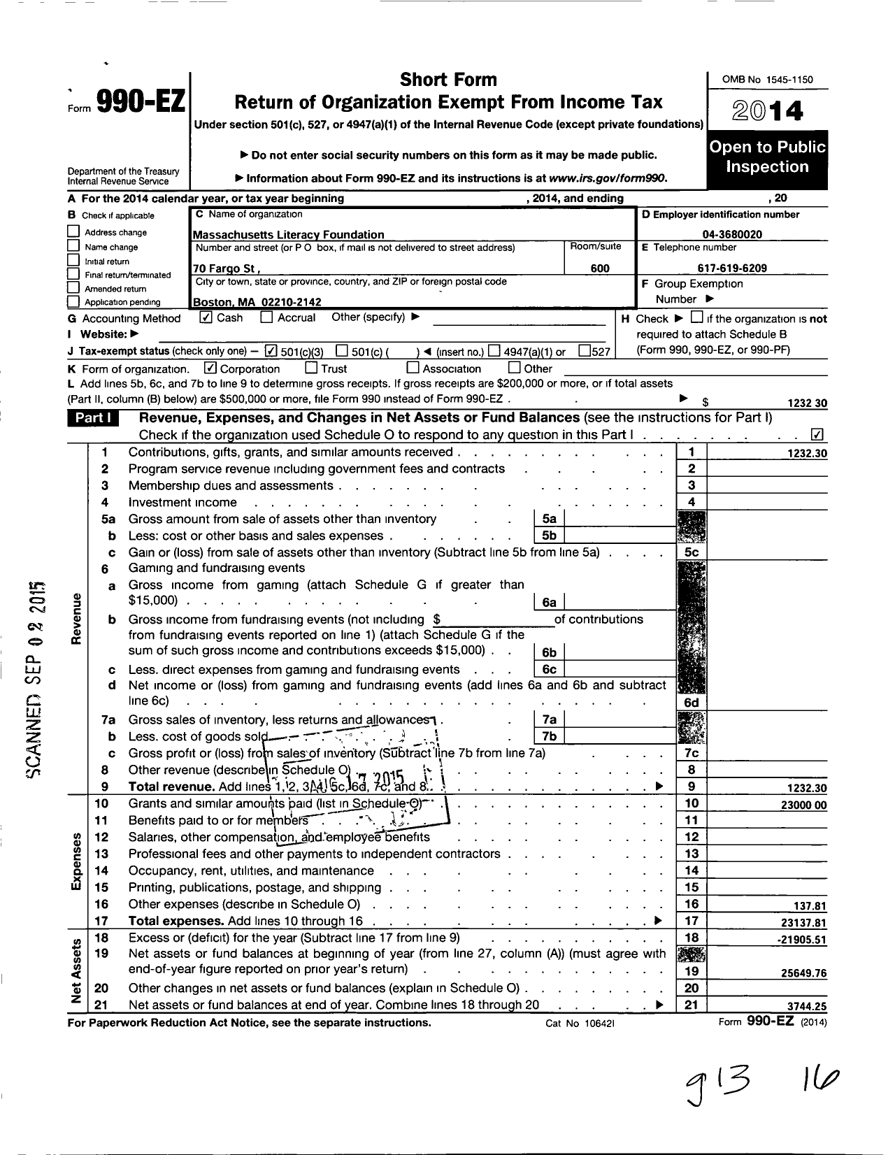 Image of first page of 2014 Form 990EZ for Massachusetts Literacy Foundation