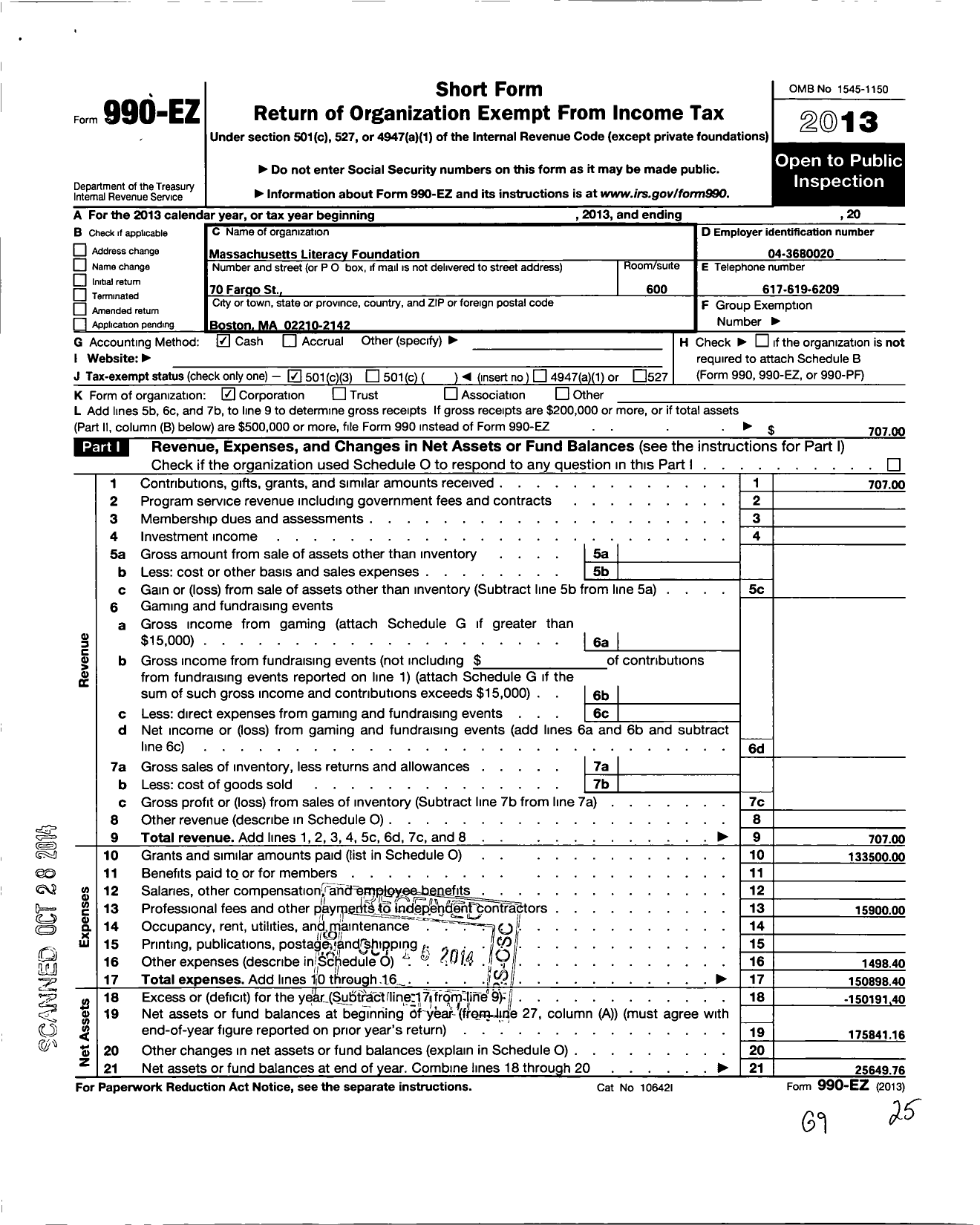 Image of first page of 2013 Form 990EZ for Massachusetts Literacy Foundation